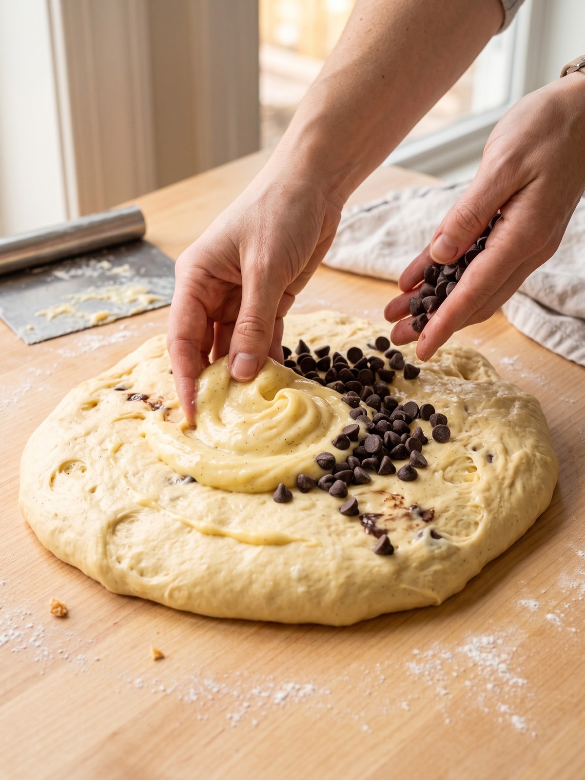 Sliced Vanilla Custard Brioche showing swirls of custard and chocolate chips on a wooden board
