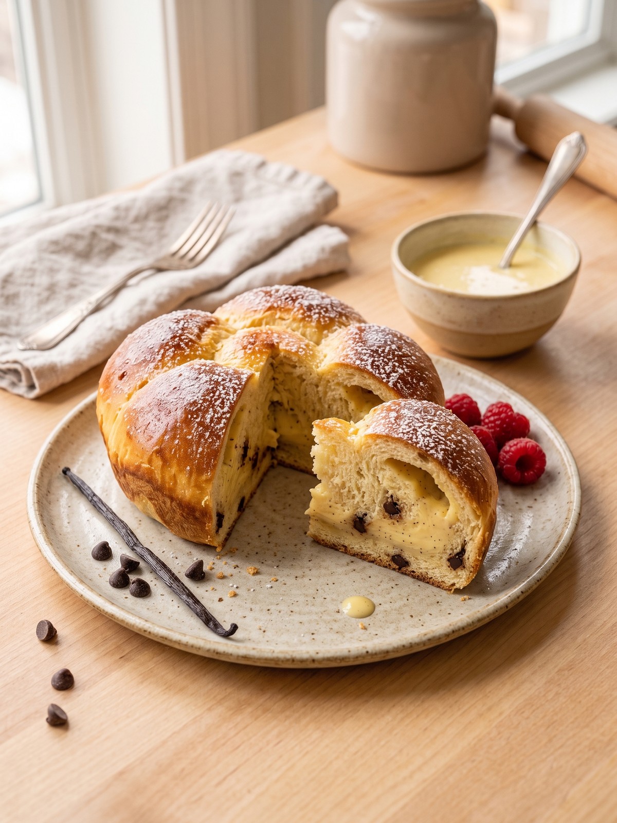Vanilla Custard Brioche loaf on a cooling rack with a dusting of powdered sugar