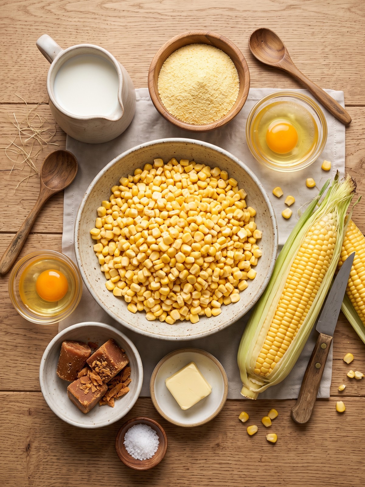 Golden Venezuelan sweet corn cachapas folded around melted cheese on a plate with fresh corn and butter.