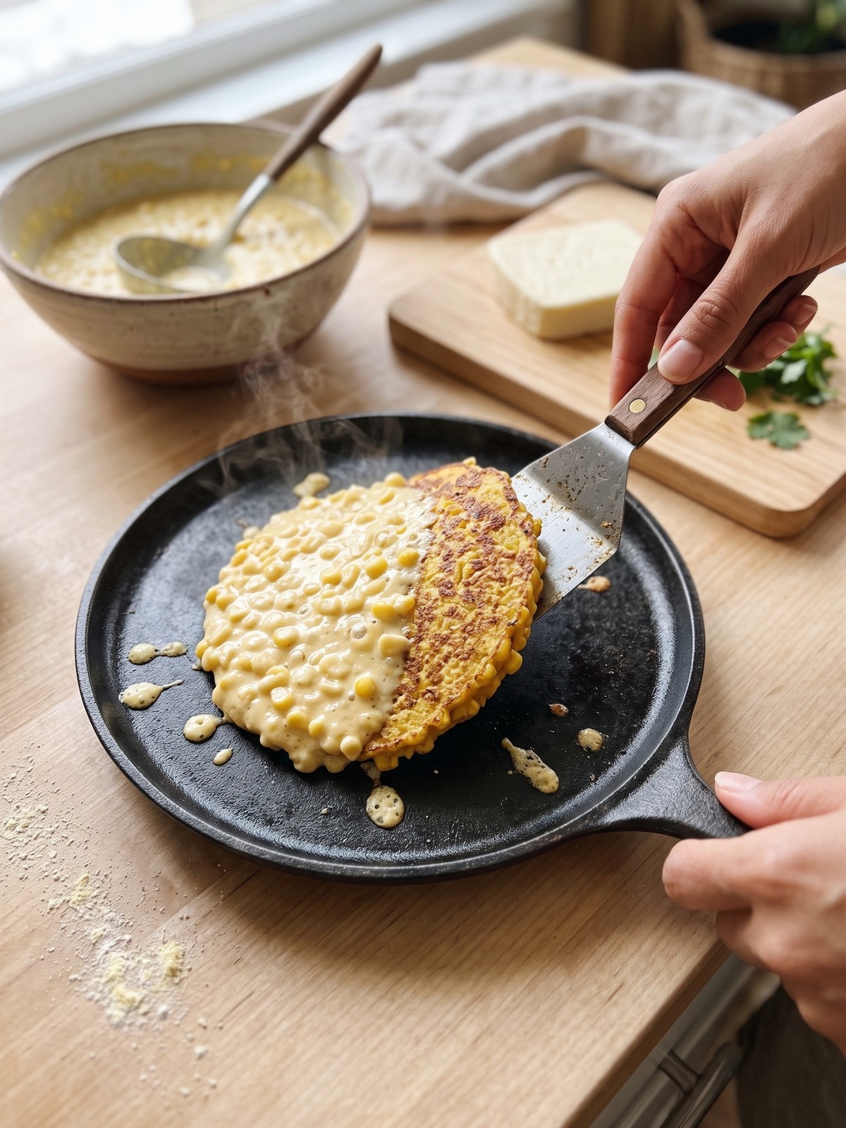 Step-by-step process of cooking Venezuelan sweet corn cachapas in a skillet with melted cheese.