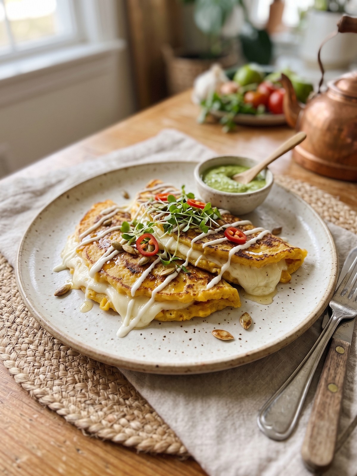 Variations of Venezuelan sweet corn cachapas with different fillings like ham, cheese, and herbs on a wooden board.