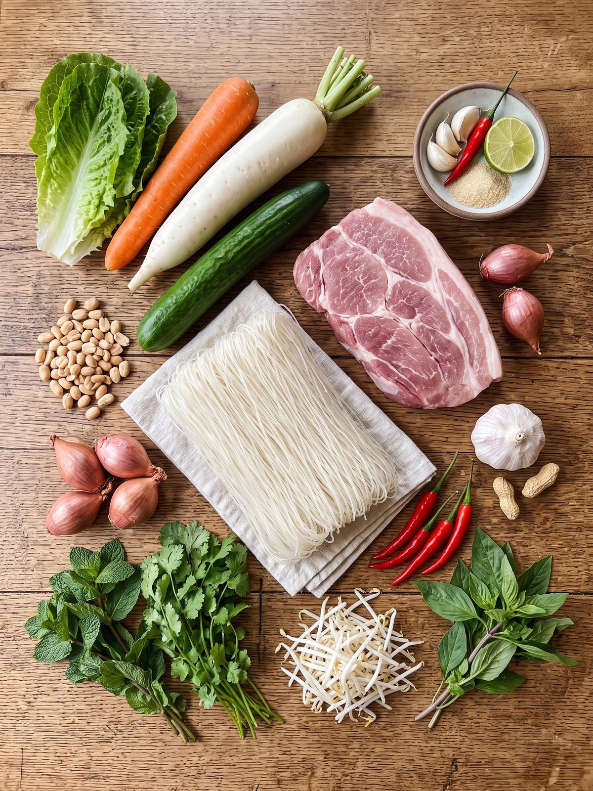 Vietnamese noodle salad ingredients arranged for cooking