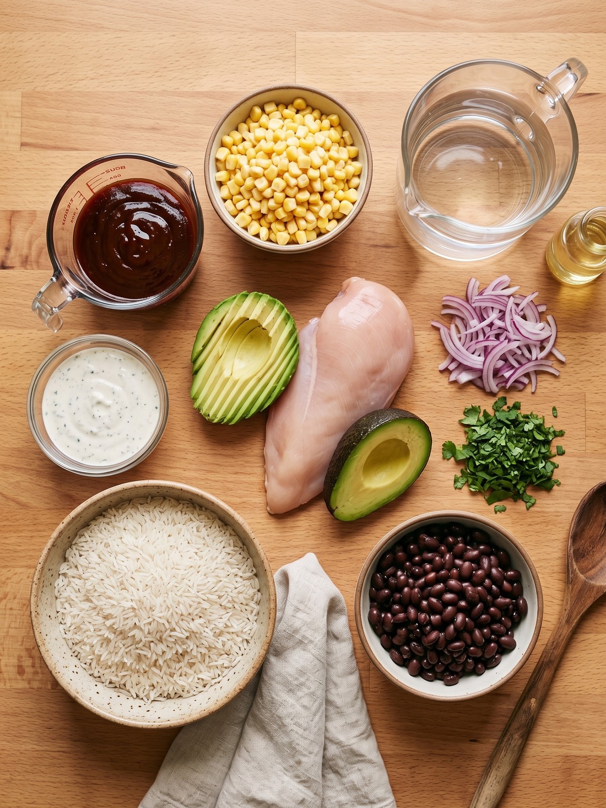 Overhead view of BBQ Chicken Rice Bowls with sliced chicken, black beans, corn, avocado, and a drizzle of crema in white bowls on a light wood surface.