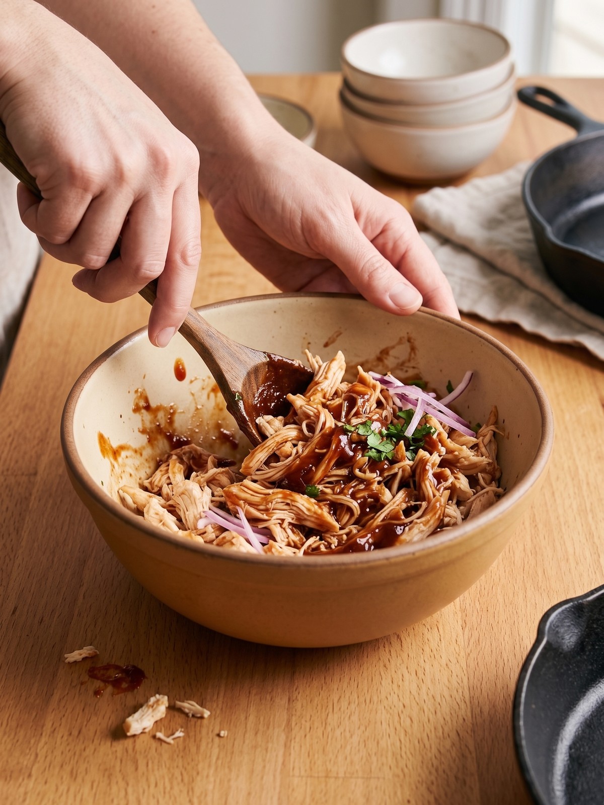 Close-up of a bowl with sliced BBQ chicken, black beans, corn, avocado, red onion, and cilantro, with a drizzle of crema.