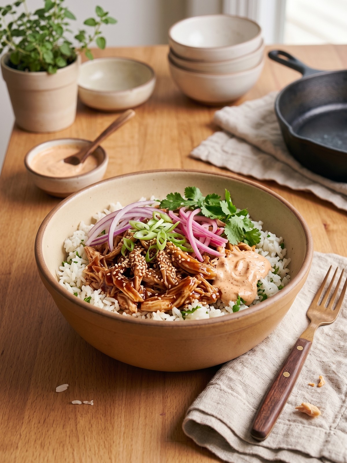 BBQ Chicken Rice Bowl variation with quinoa, black beans, corn, avocado, and a drizzle of chipotle crema.