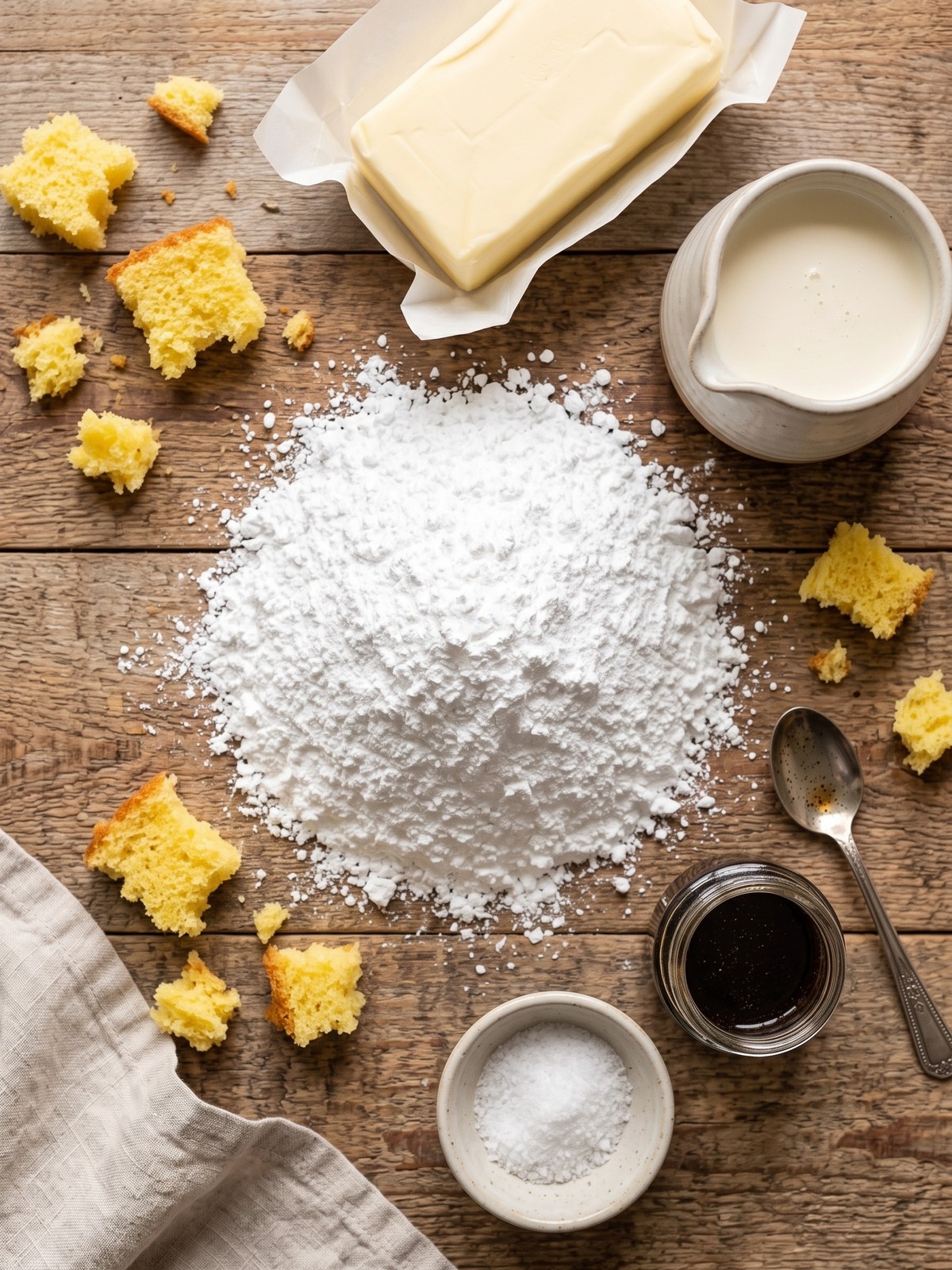Bowl of brown butter frosting with a spatula, showing its creamy texture and vanilla bean specks