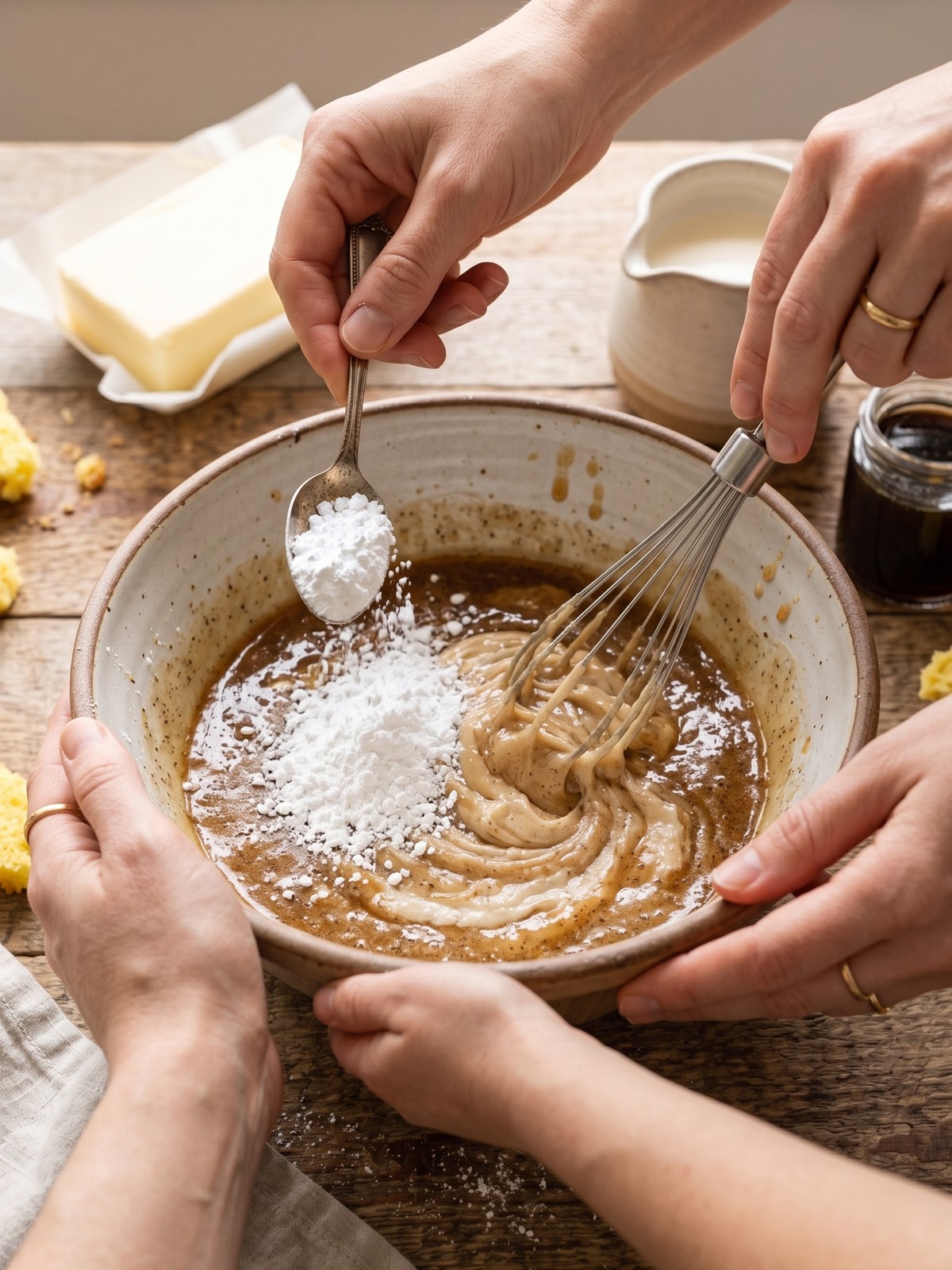 Step-by-step process of browning butter in a skillet, showing the color change from yellow to golden brown