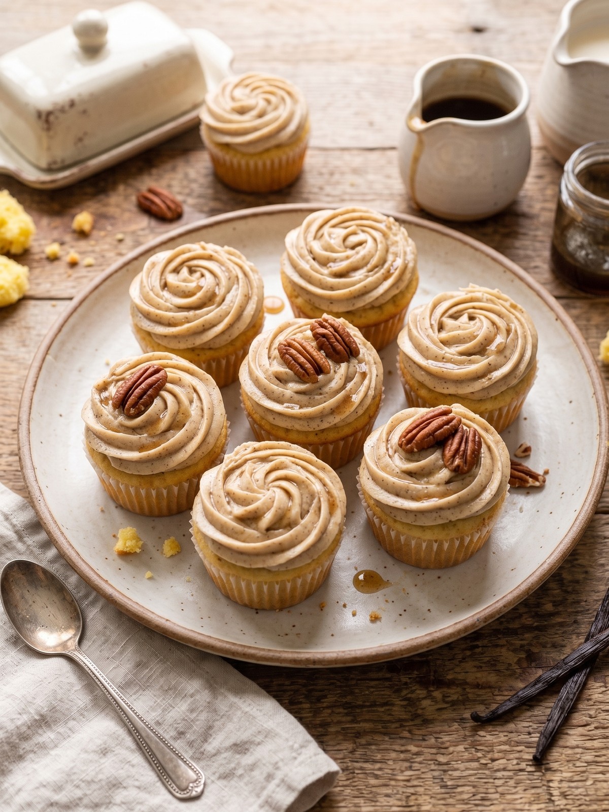 Cupcake swirled with brown butter frosting and topped with crumbled sponge cake scraps