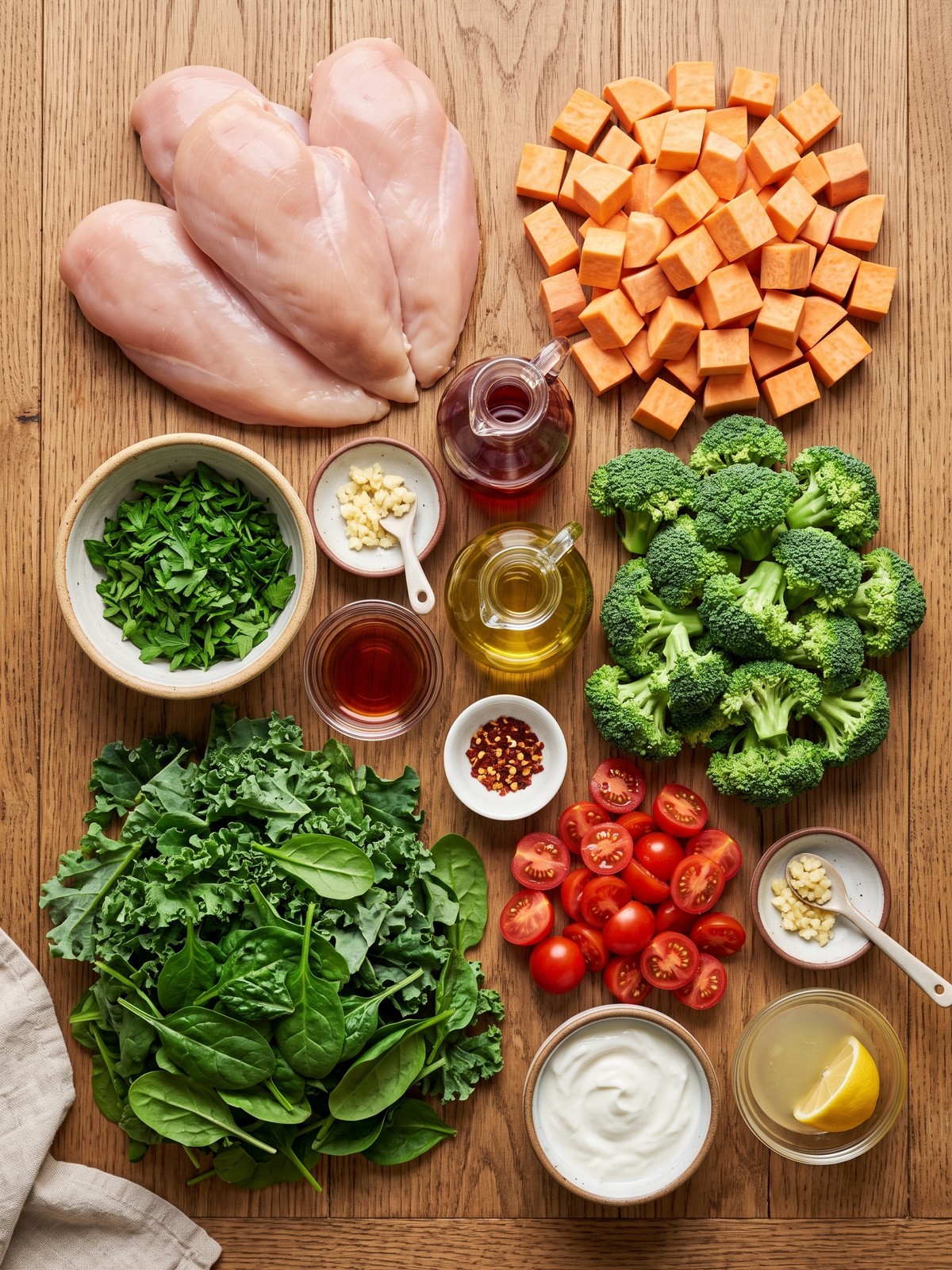 Overhead shot of a bowl with sliced chimichurri chicken, roasted sweet potatoes, broccoli, fresh greens, and a drizzle of creamy garlic sauce