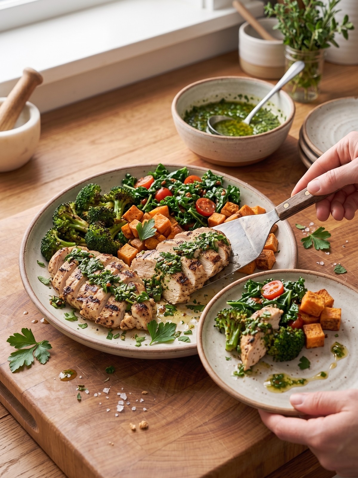 Variation bowls with different proteins and grain bases, all drizzled with chimichurri and creamy sauce