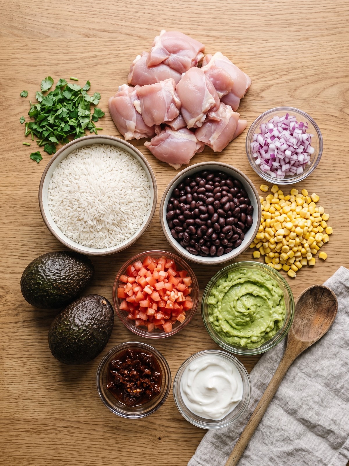 Overhead shot of a Chipotle Chicken Bowl with chicken, rice, beans, corn salsa, pico de gallo, guacamole, and sour cream in a white bowl.