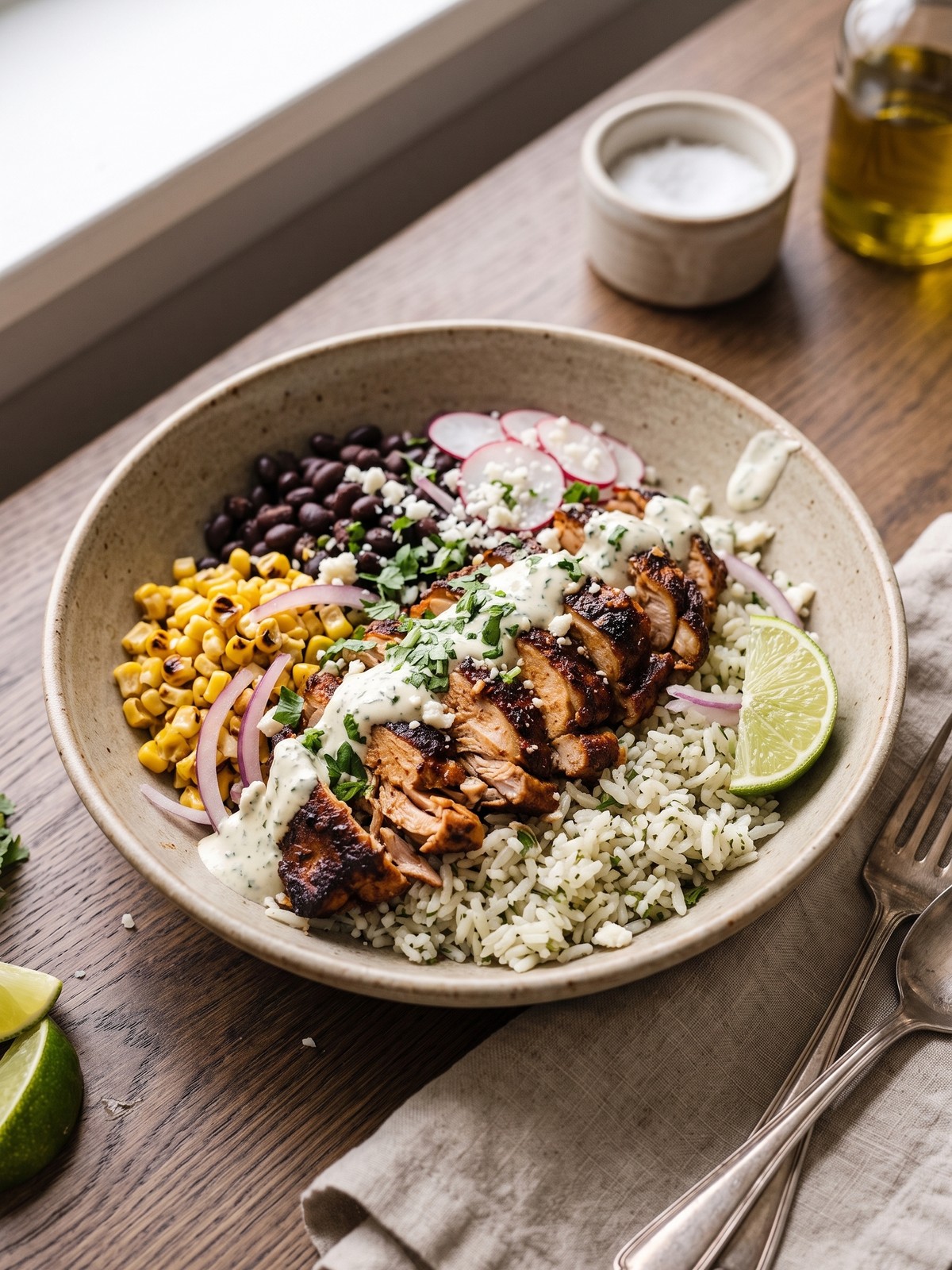 Chipotle Chicken Bowl variation with brown rice, black beans, corn salsa, pico de gallo, guacamole, and sour cream in a meal prep container.