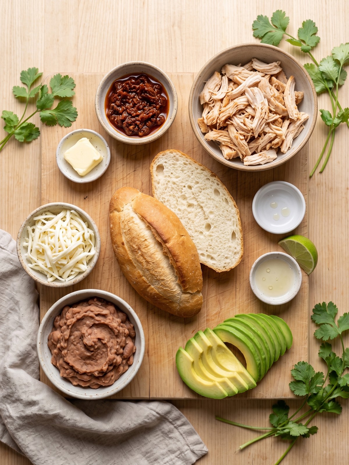 Chipotle chicken torta ingredients on a wooden board with bolillo rolls, shredded chicken, chipotle peppers, avocado, and cheese.