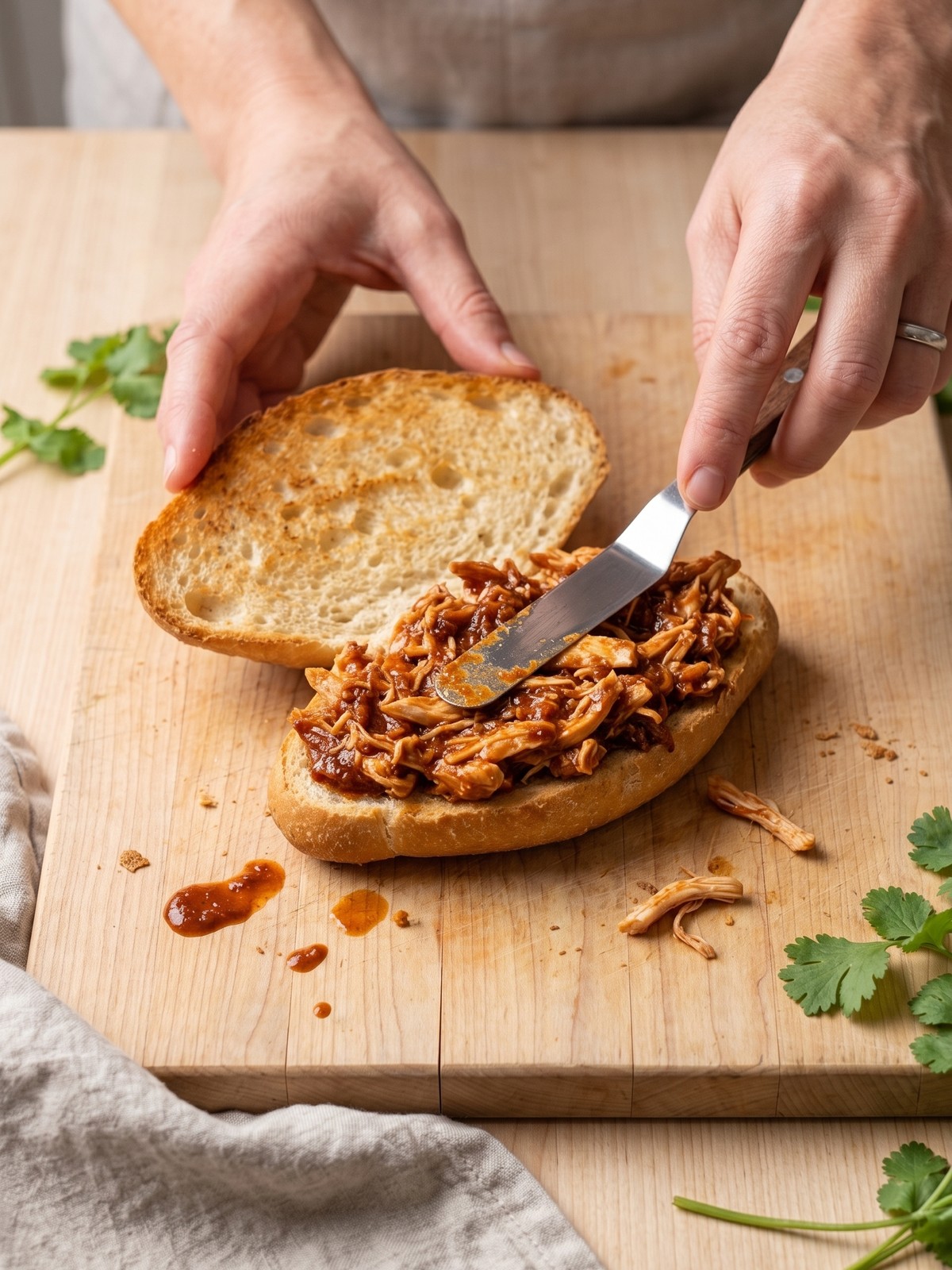 Assembled chipotle chicken torta cut in half showing layers of chicken, cheese, beans, and avocado.