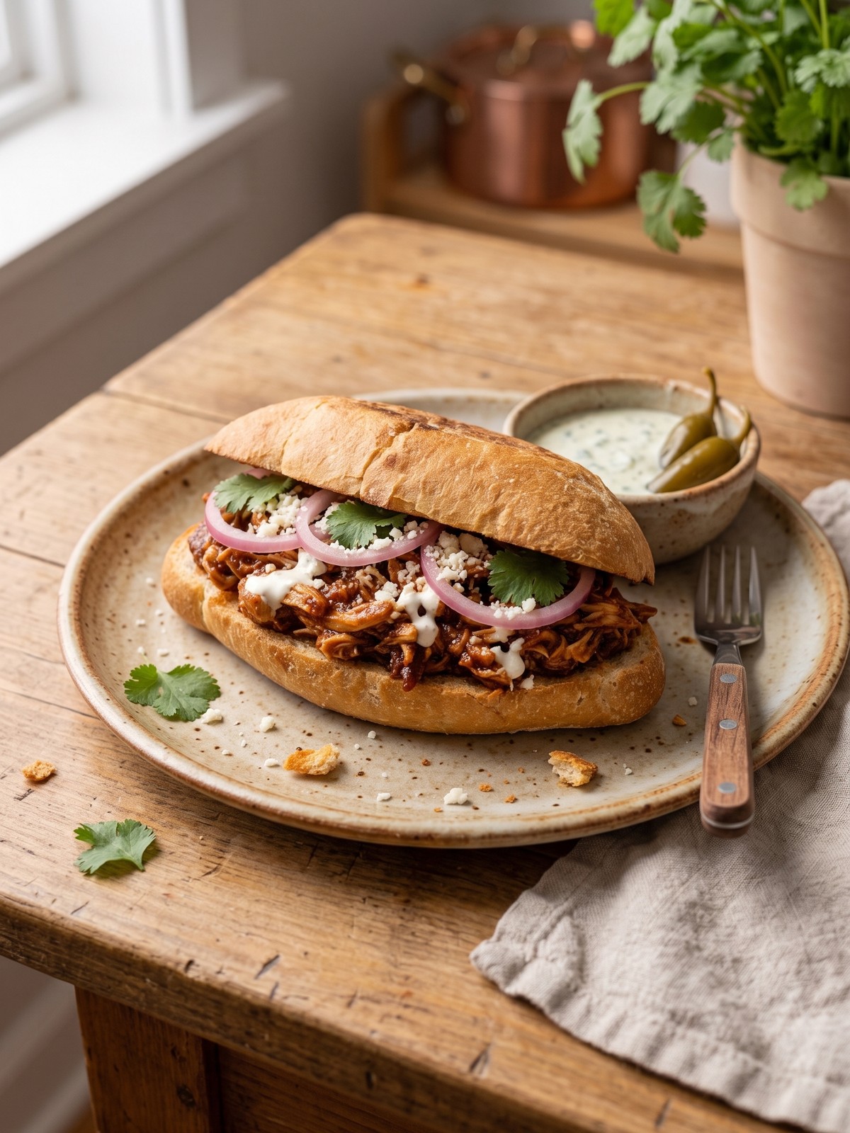 Chipotle chicken torta variations with different toppings and sides on a colorful plate.
