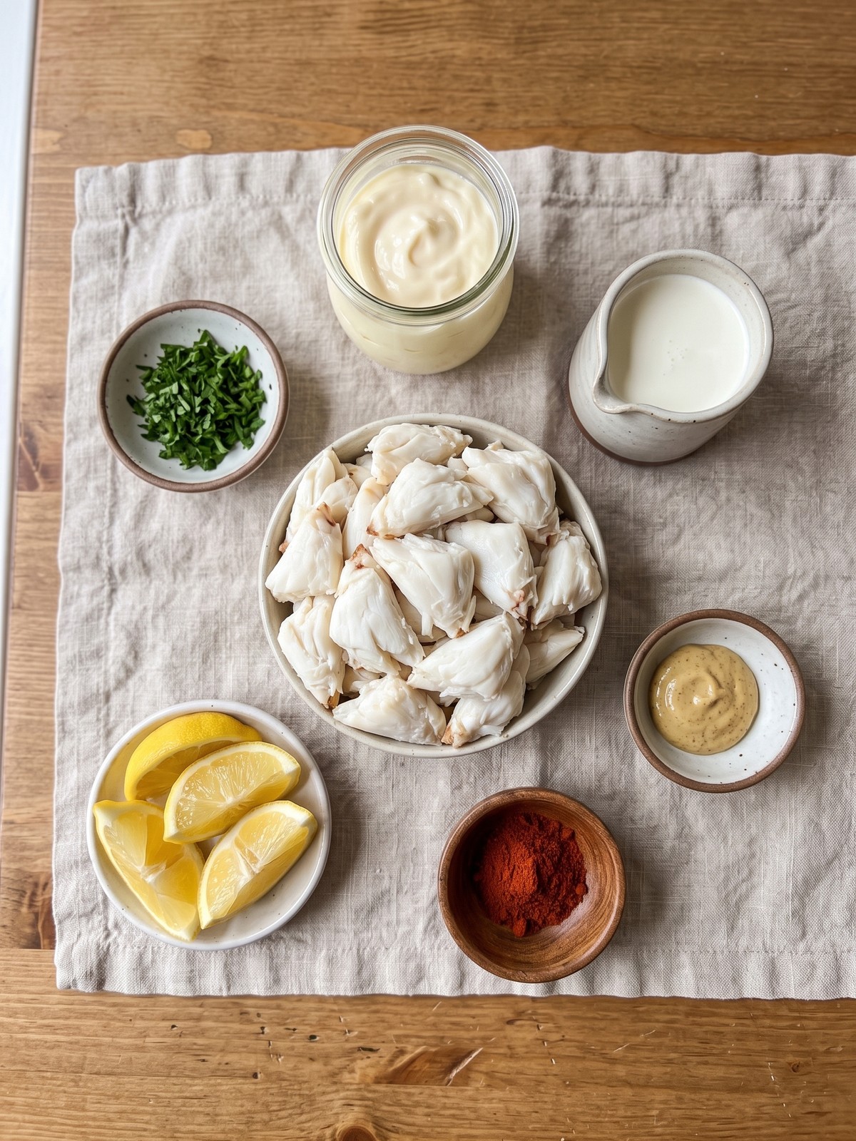 Crab Imperial in a baking dish with golden broiled topping and lemon wedges