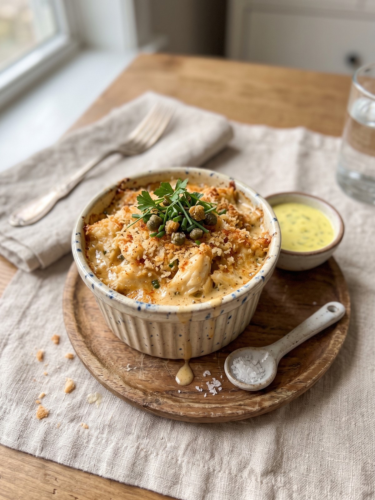 Crab Imperial served in individual ramekins with lemon and toasted bread