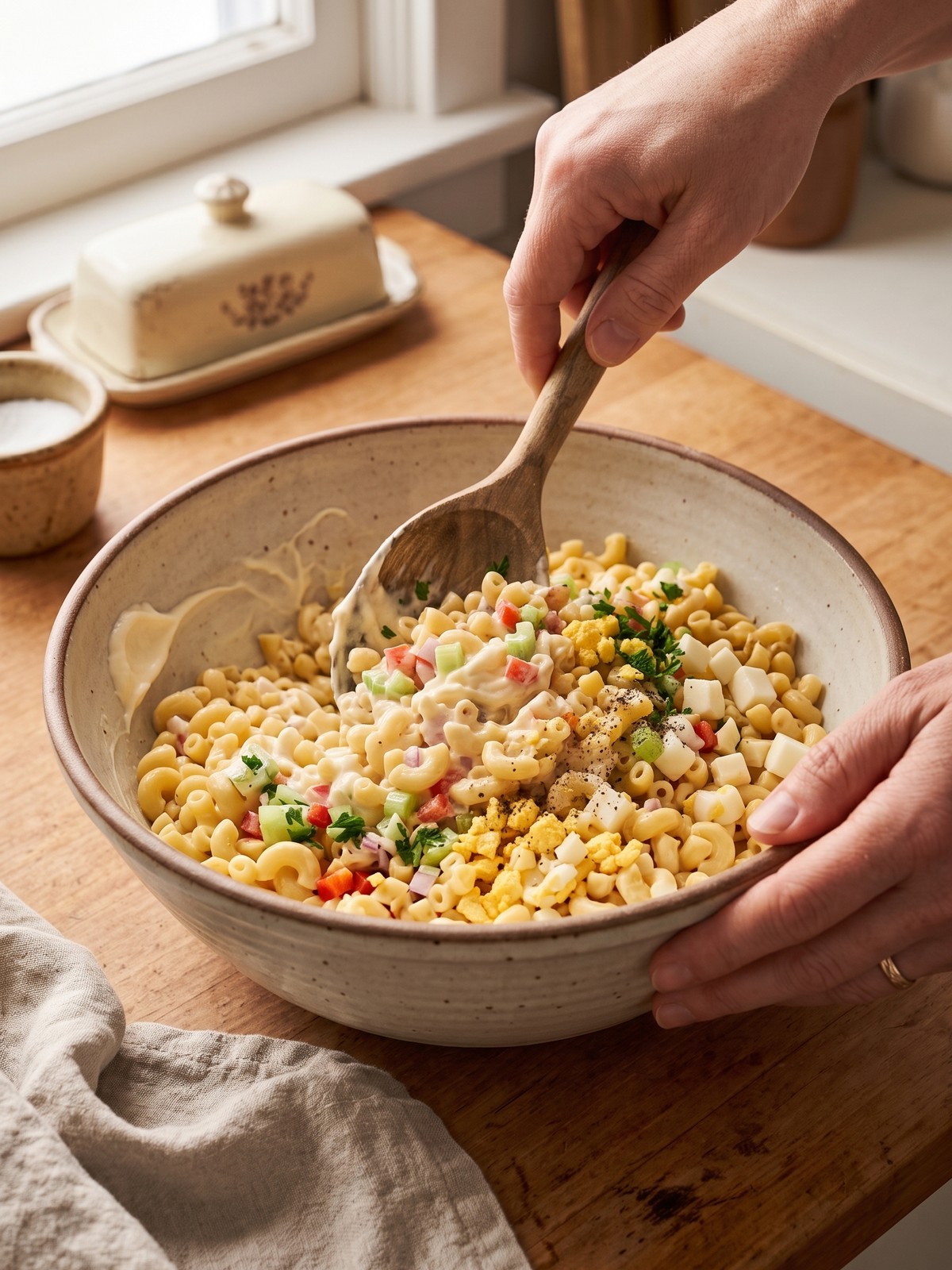 Mixing bowl with macaroni salad being folded with a spatula, showing creamy dressing and colorful vegetables.