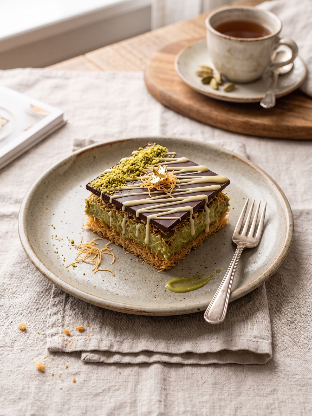 Dubai Chocolate Pistachio Cake on a white plate with a fork and scattered pistachios