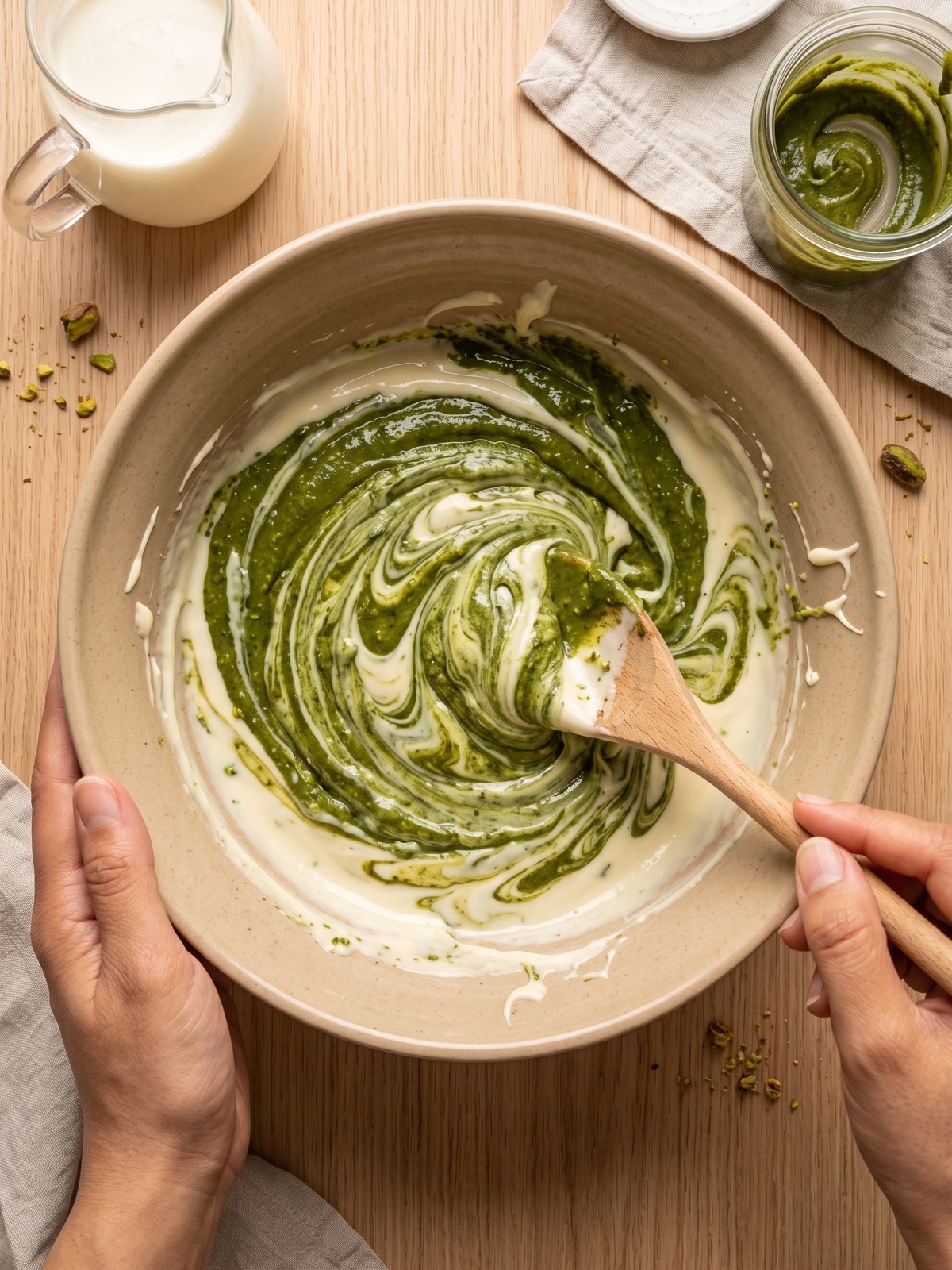 Step-by-step process of making Dubai Chocolate Pistachio Tart showing crust pressing, pistachio filling spreading, and ganache pouring.