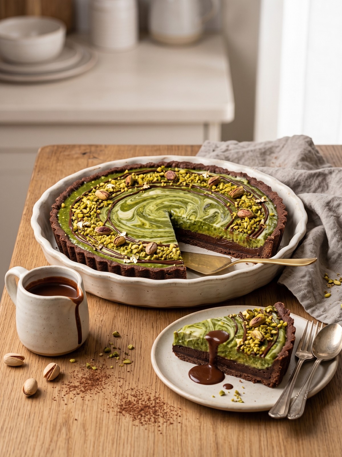 A slice of Dubai Chocolate Pistachio Tart on a plate with a fork, showing distinct layers of crust, pistachio cream, and ganache.