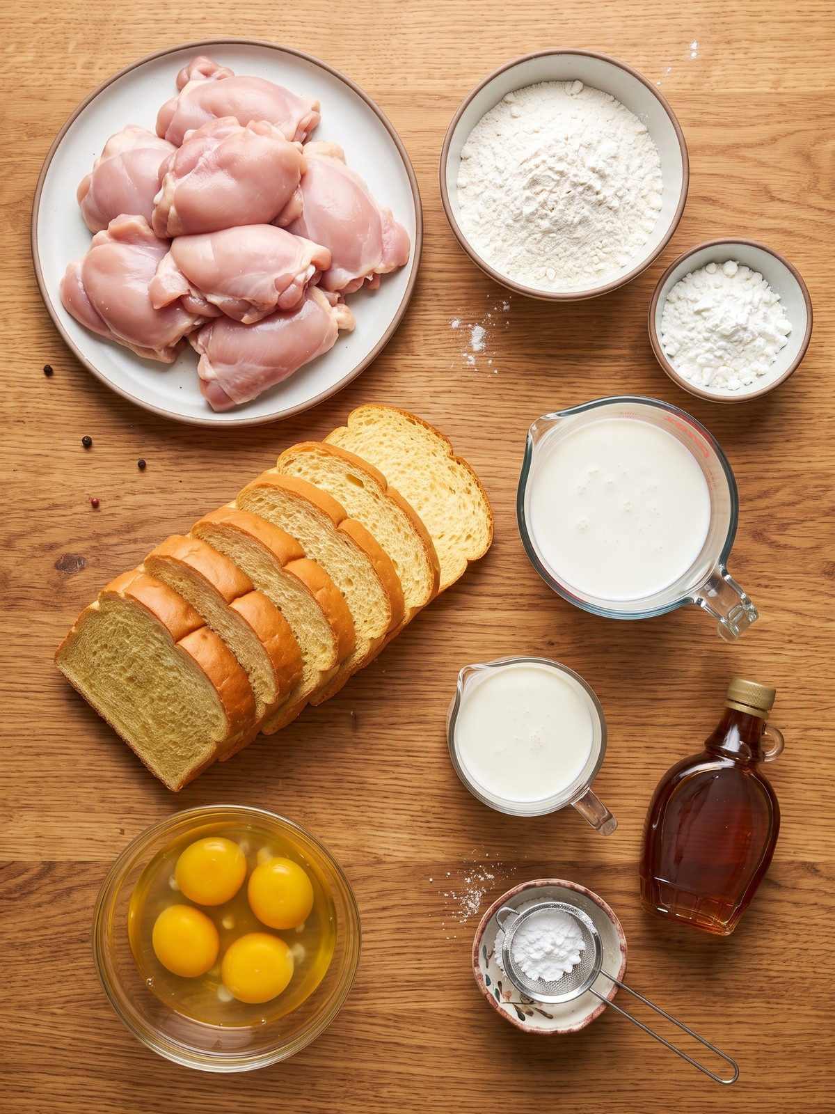 Golden French toast slices stacked with crispy fried chicken and a drizzle of maple syrup on a white plate.