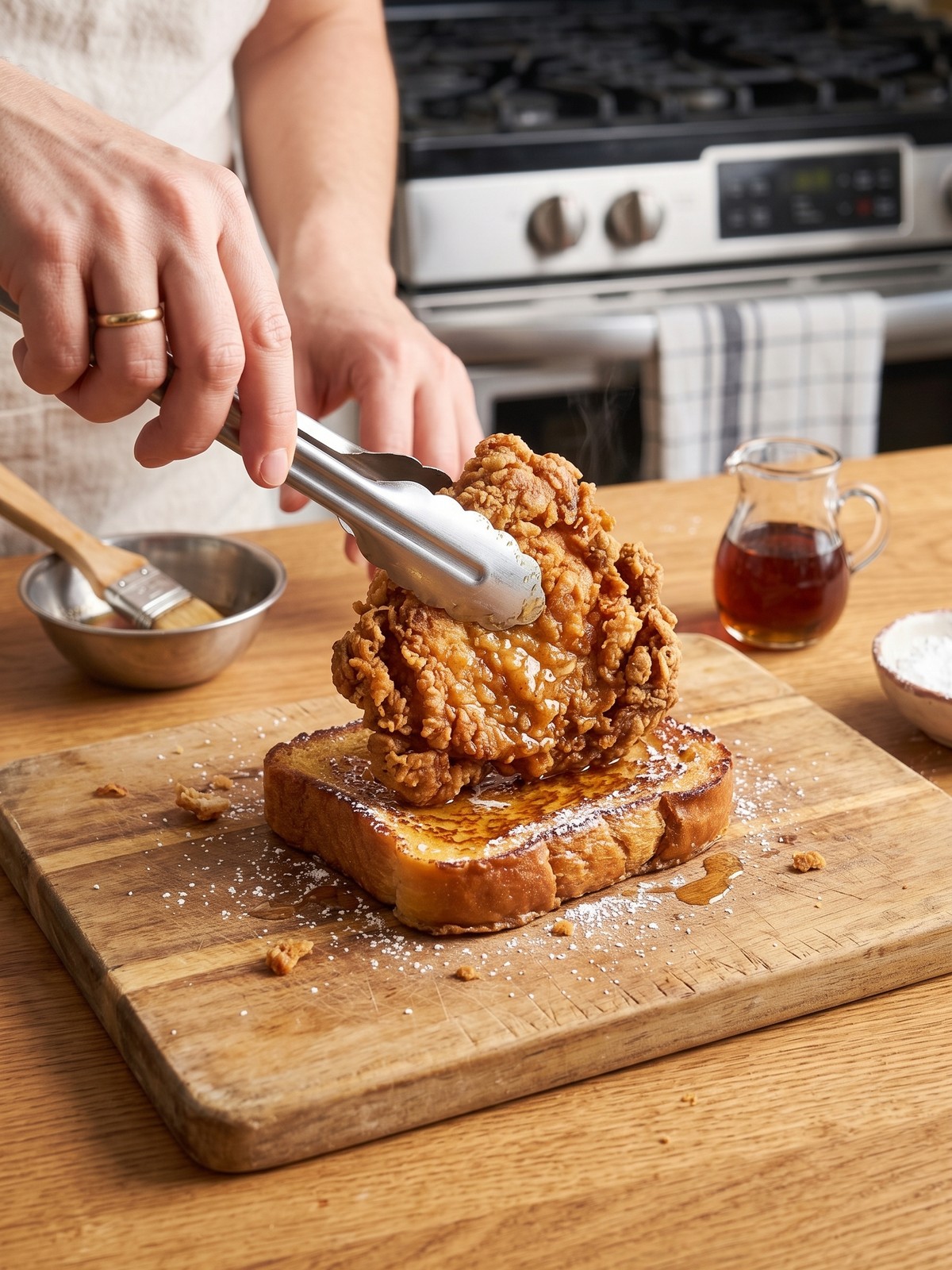 Close-up of a hand holding a French toast fried chicken sandwich with maple syrup dripping down the sides.