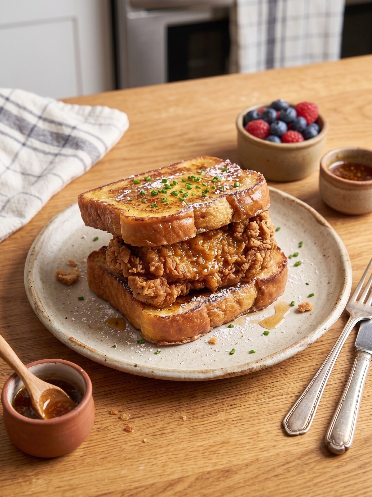 Overhead shot of a French toast fried chicken sandwich cut in half, showing layers of crispy chicken and golden bread with maple syrup.