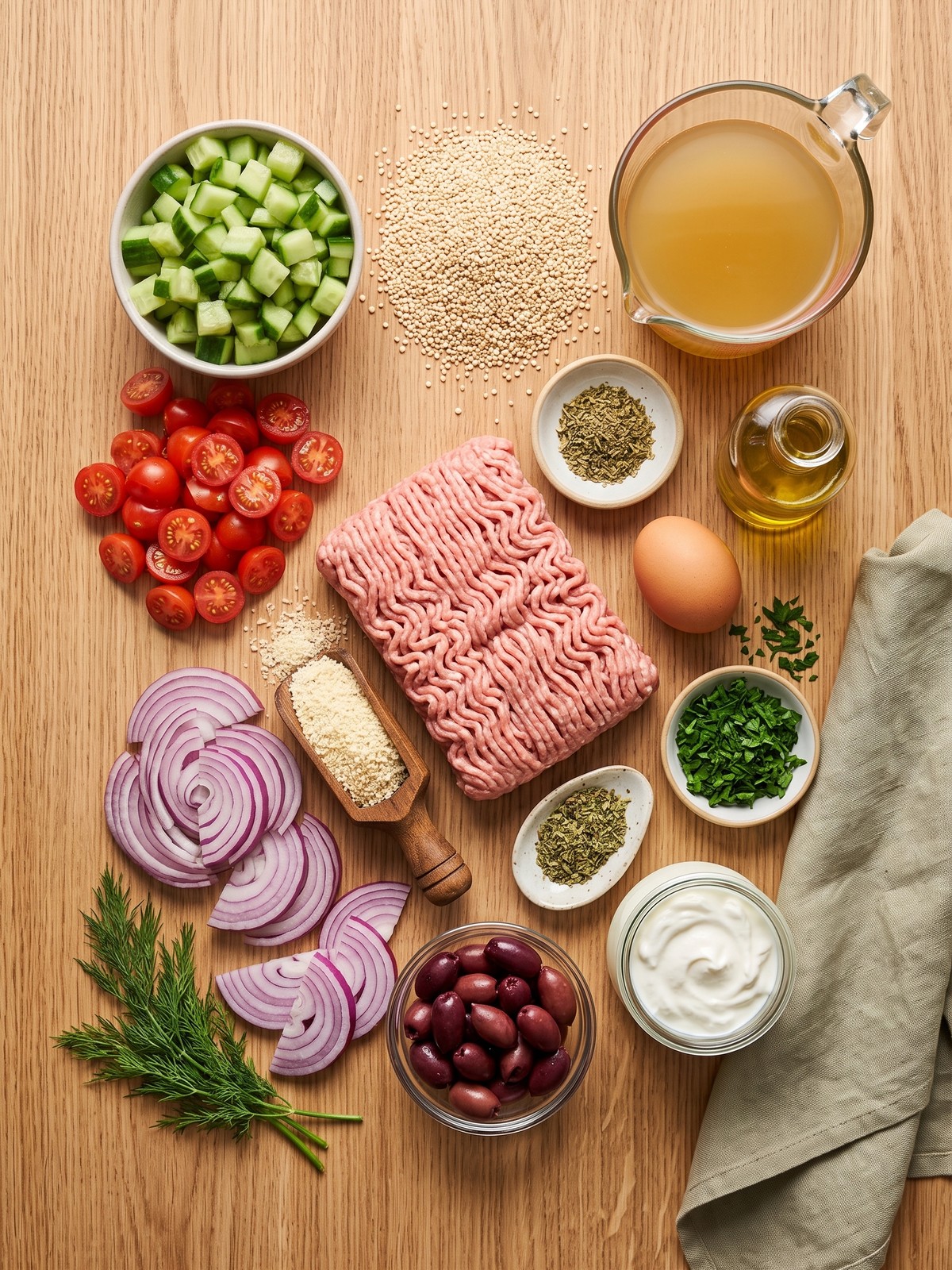 Overhead view of Greek Turkey Meatball Bowls with quinoa, meatballs, cucumbers, tomatoes, red onion, olives, and tzatziki.