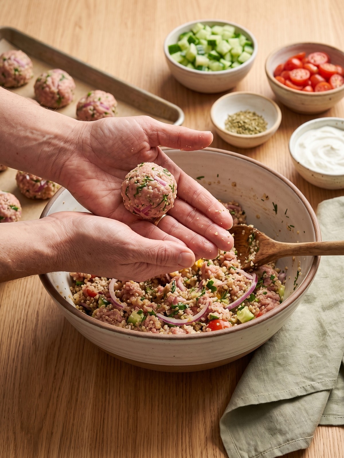 Step-by-step process of shaping and pan-searing Greek turkey meatballs in a skillet.