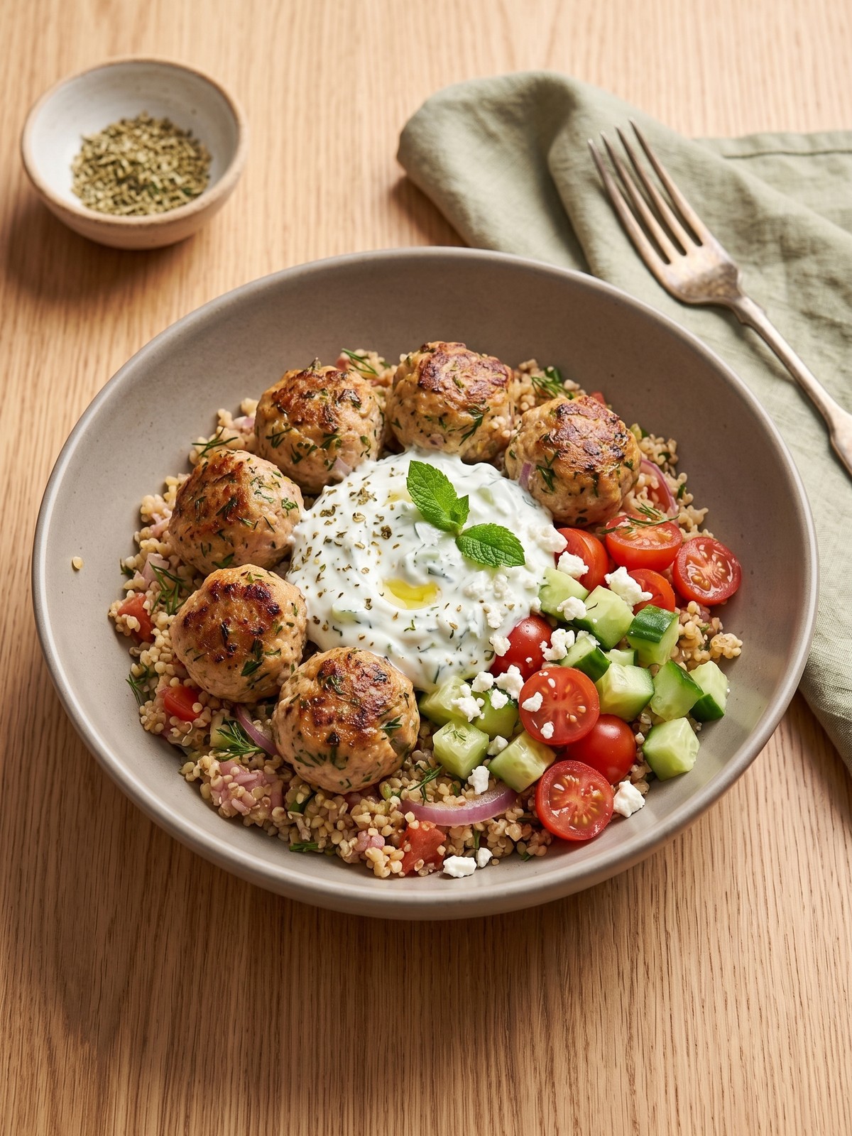 Greek Turkey Meatball Bowl variation with feta cheese and roasted red peppers.