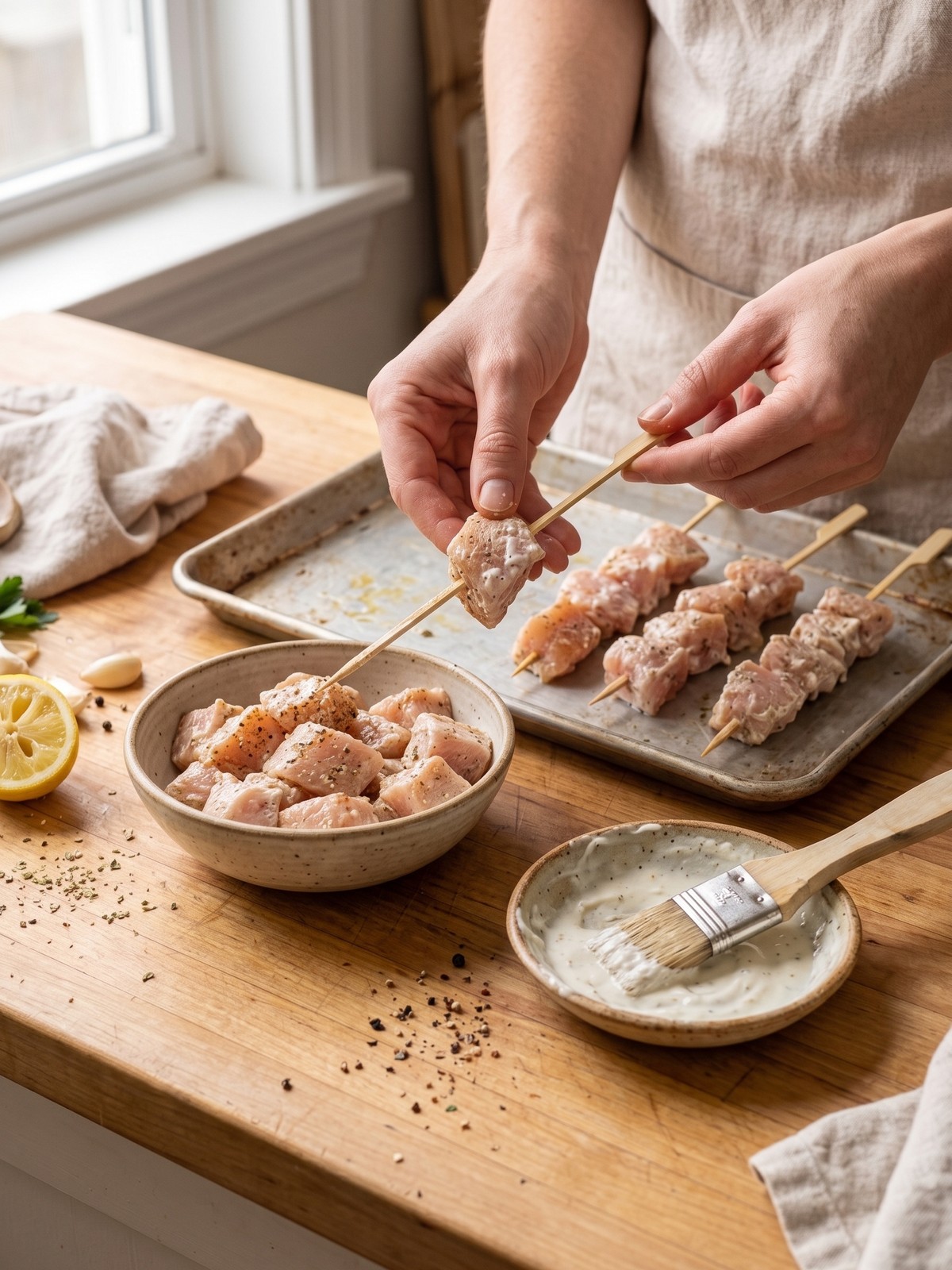 Grilled chicken bites on skewers with creamy garlic dipping sauce.