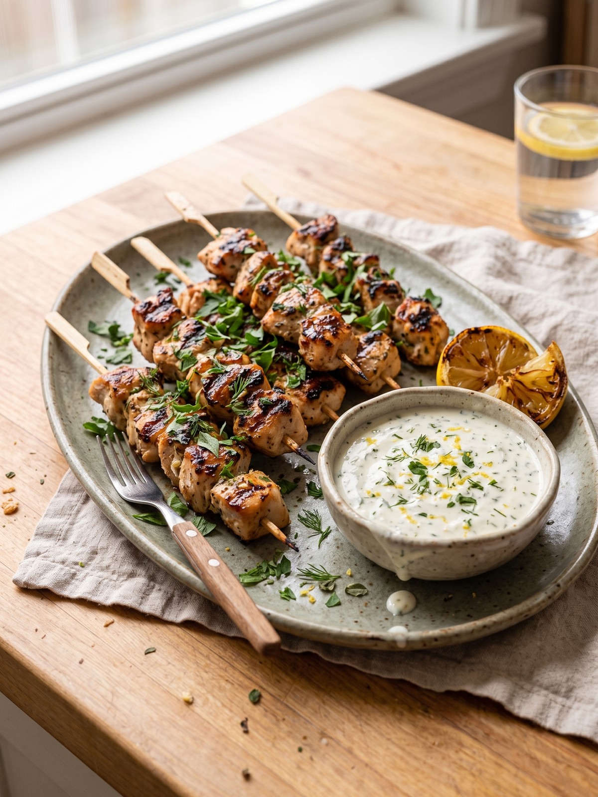 Variation of grilled chicken bites with spicy sauce and fresh herbs.