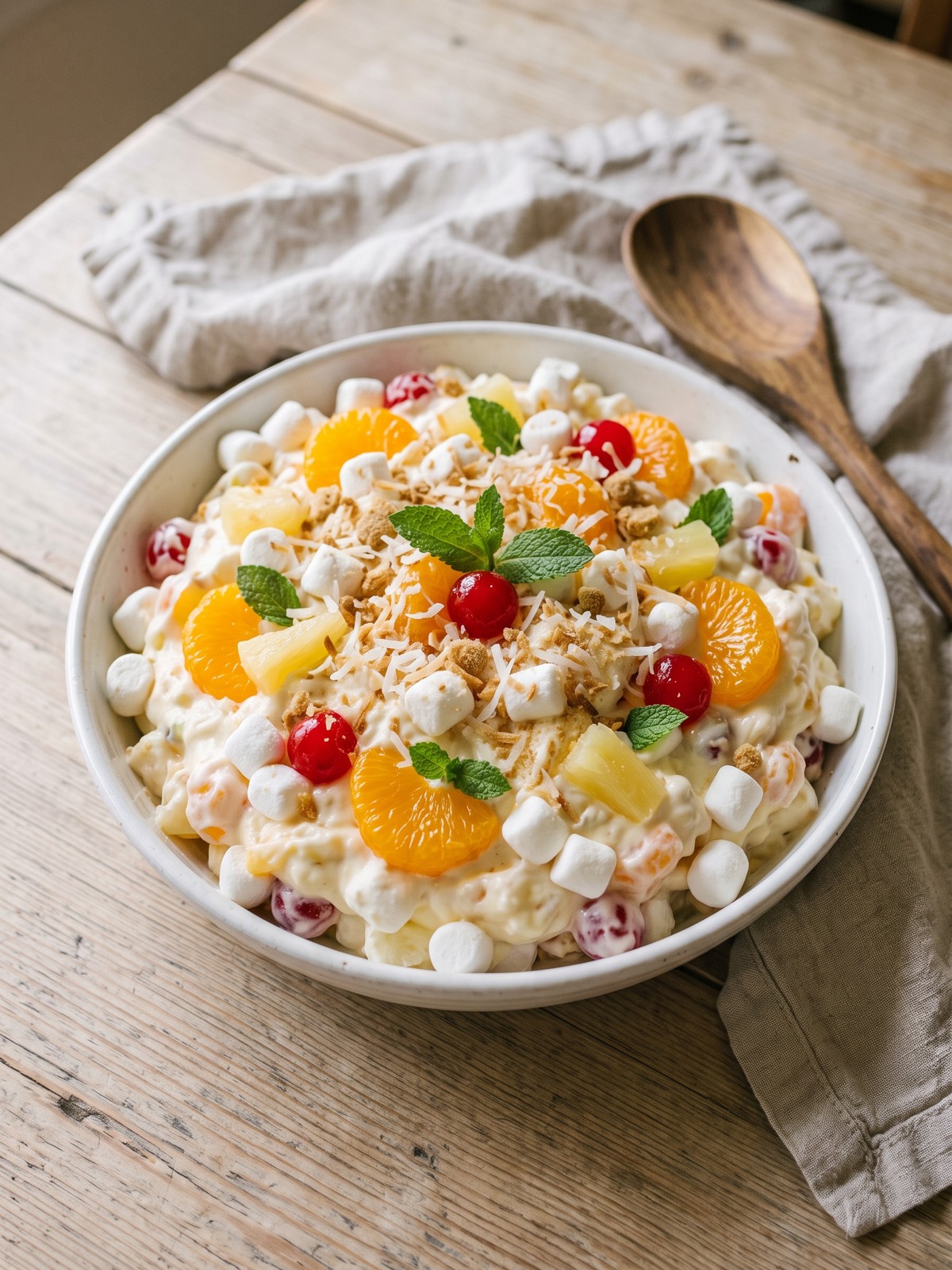 A glass bowl of Hawaiian Cheesecake Salad with pineapple, strawberries, kiwi, blueberries, and raspberries in a creamy dressing, top-down view on a light surface.
