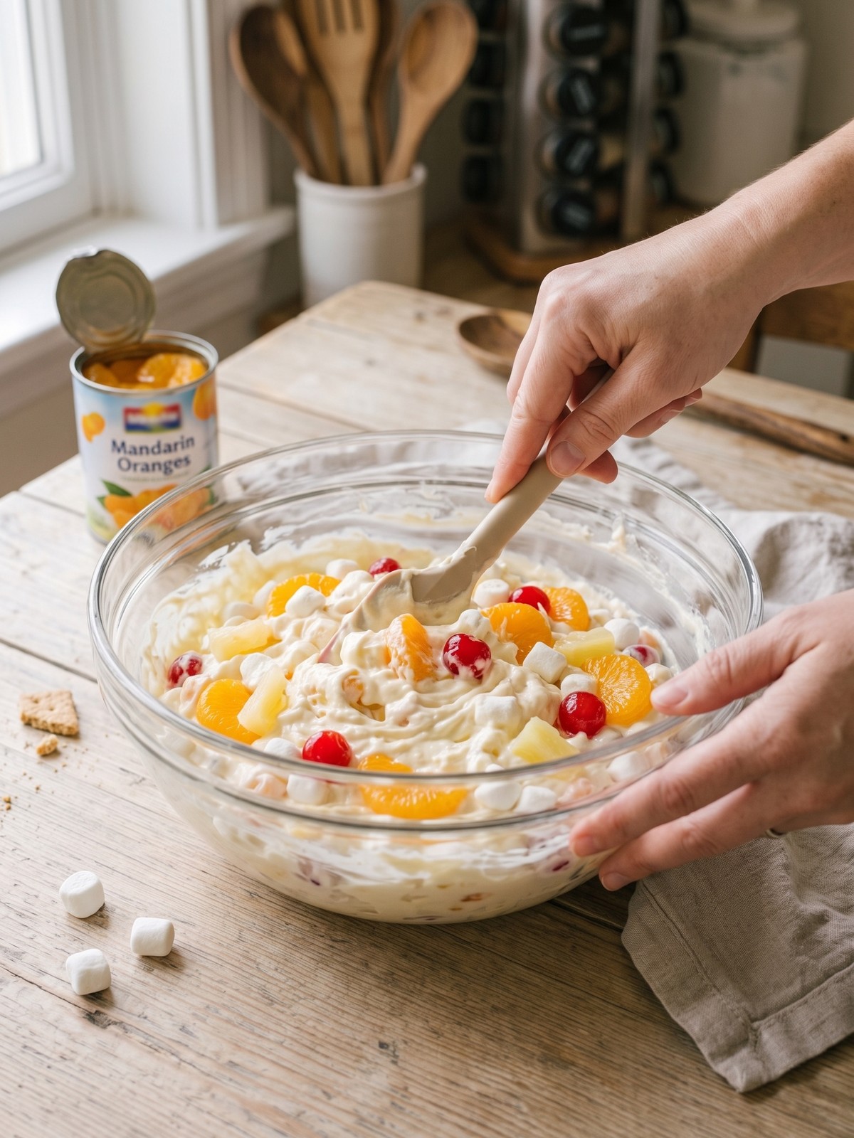 Step-by-step process of folding fresh fruit into a creamy cheesecake dressing for Hawaiian Cheesecake Salad.