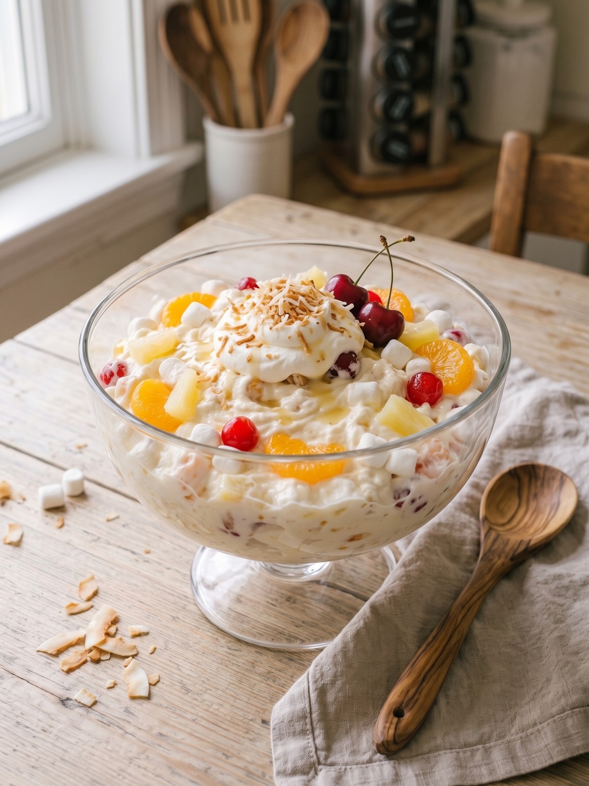 Variation of Hawaiian Cheesecake Salad with mango and toasted coconut in a white serving bowl.