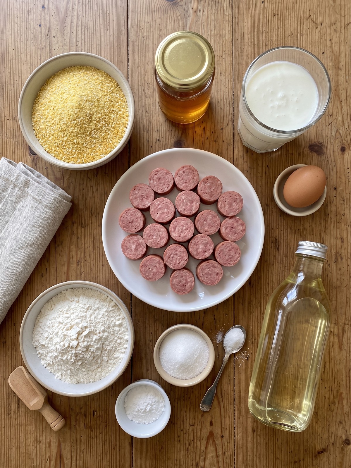 Bowl of corn dog batter and plate of cut hot dog rounds ready for dipping