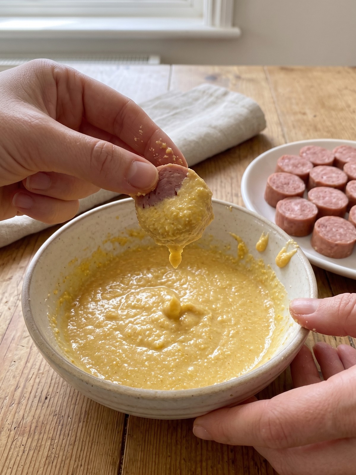 Golden fried corn dog bites being removed from hot oil with a slotted spoon