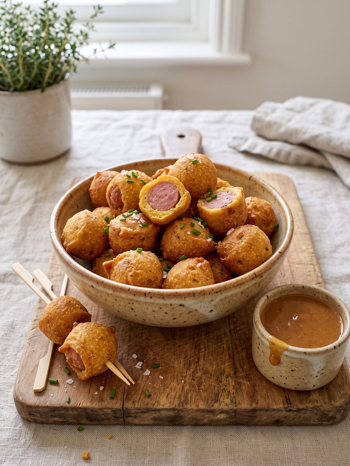 Plate of homemade corn dog bites with various dipping sauces like ketchup, mustard, and cheese