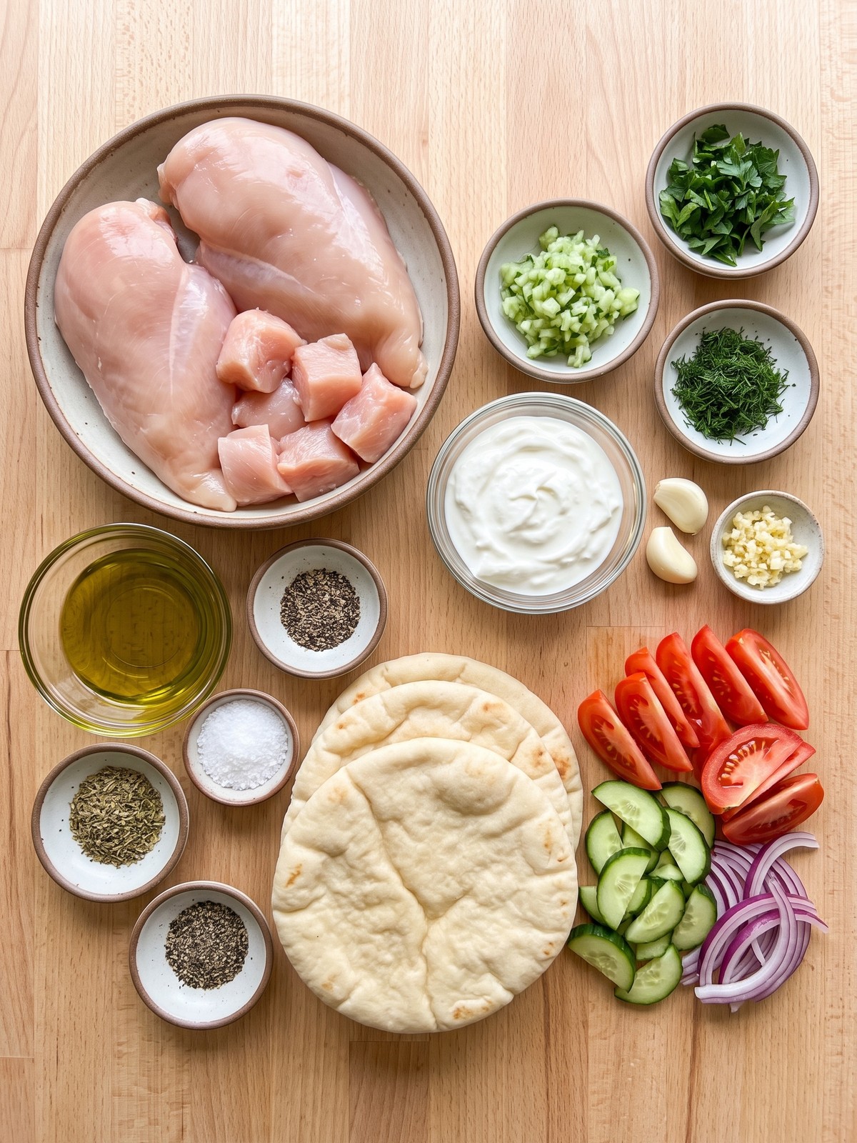 Ingredients for homemade Greek chicken gyros with chicken, pita, vegetables, and tzatziki sauce