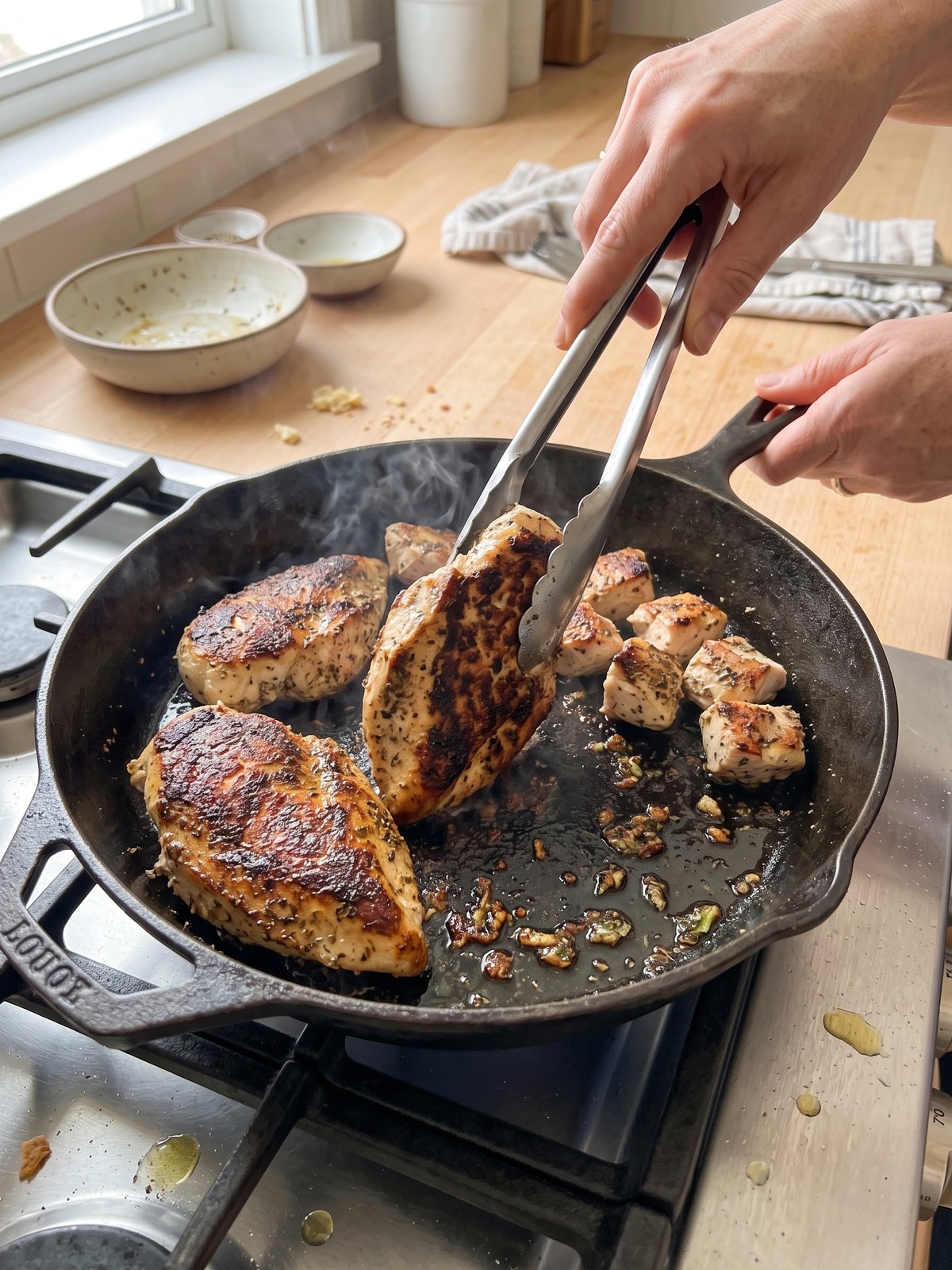 Step-by-step process of making homemade Greek chicken gyros with marinated chicken cooking in a skillet