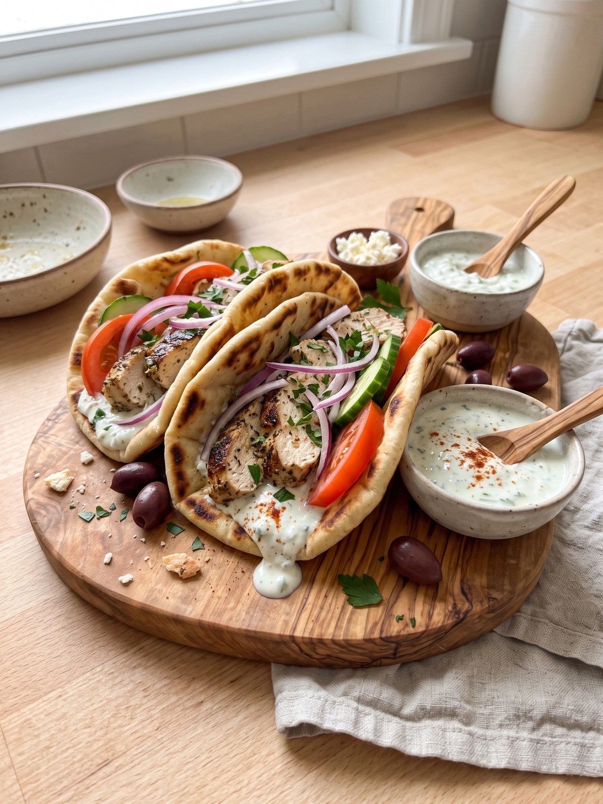 Variations of homemade Greek chicken gyros with different toppings and sauces