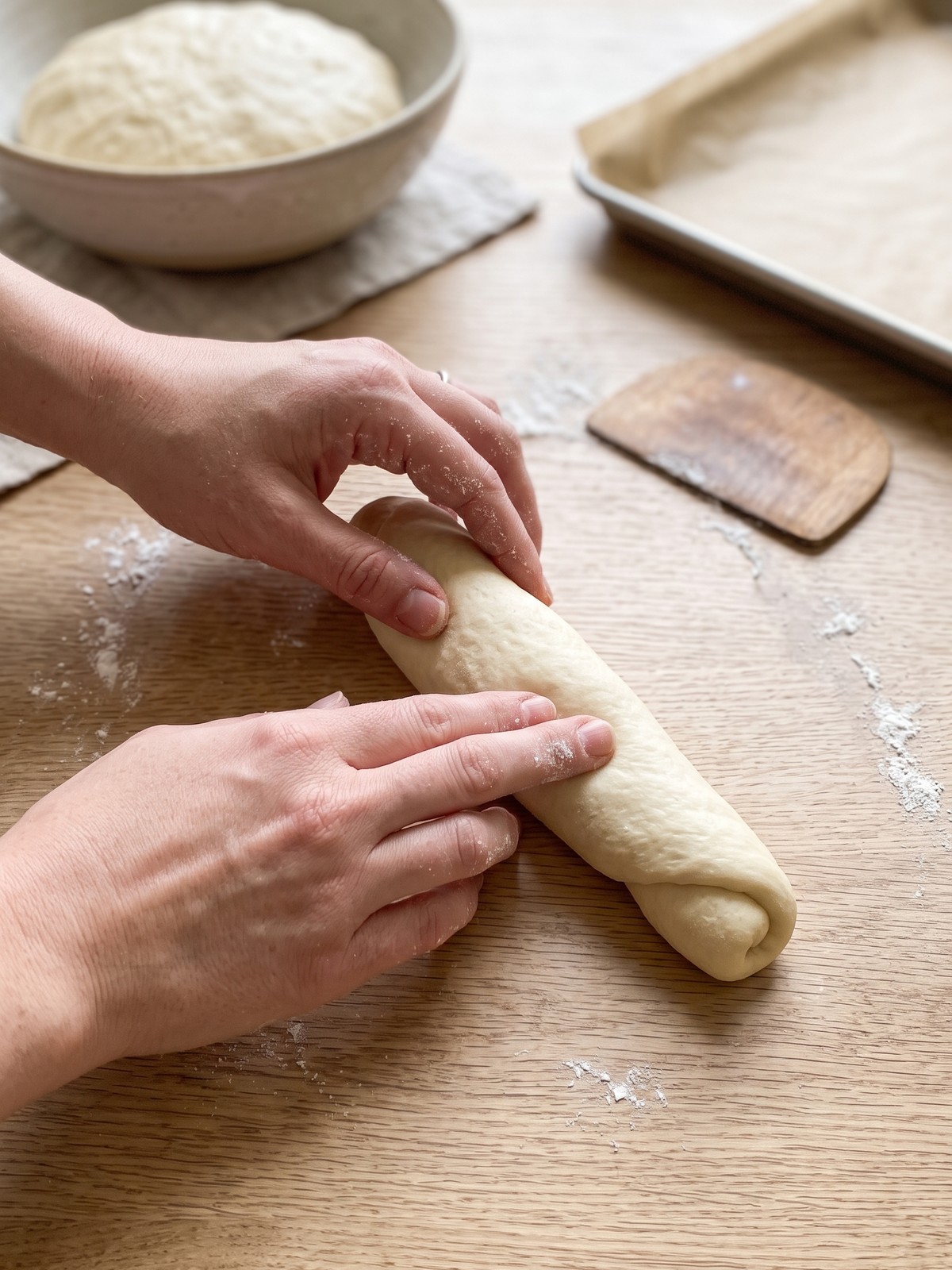 Step-by-step process of shaping homemade hot dog bun dough into logs and placing them in a baking pan.