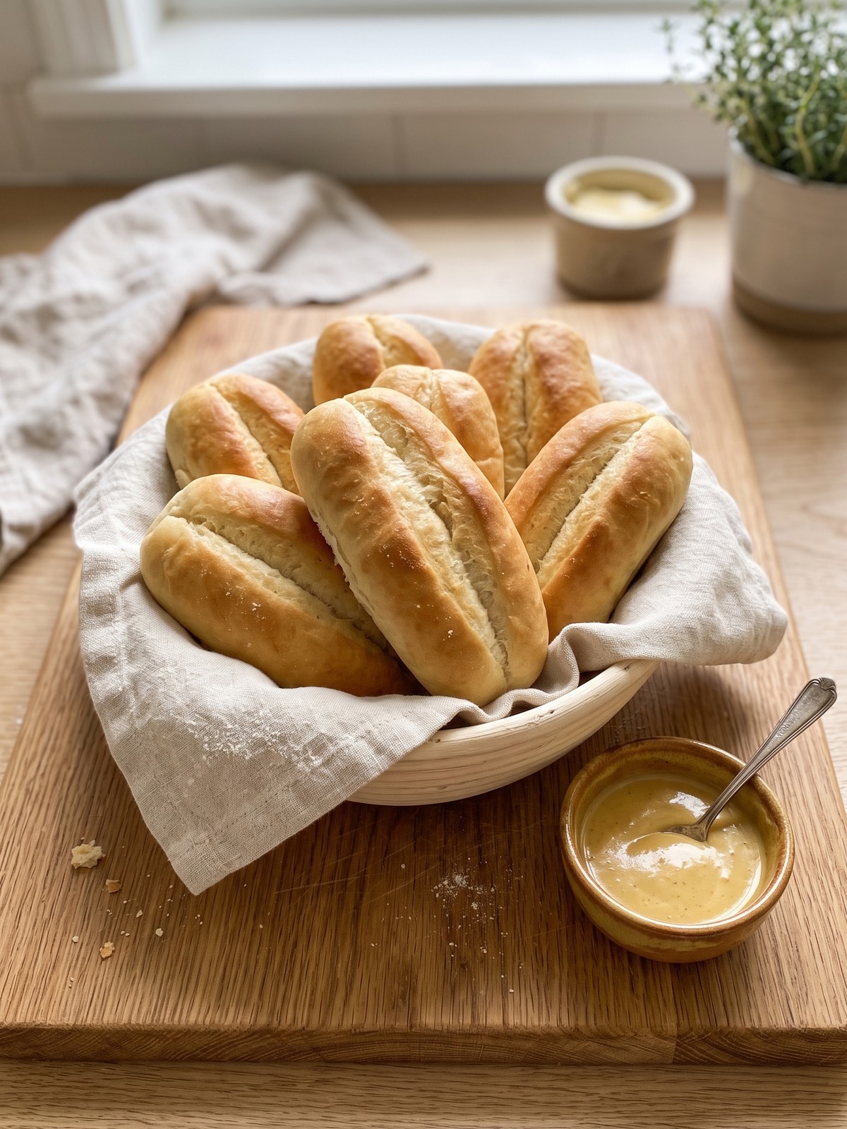 Variations of homemade hot dog buns with sesame seeds and poppy seeds on top, displayed on a wooden board.