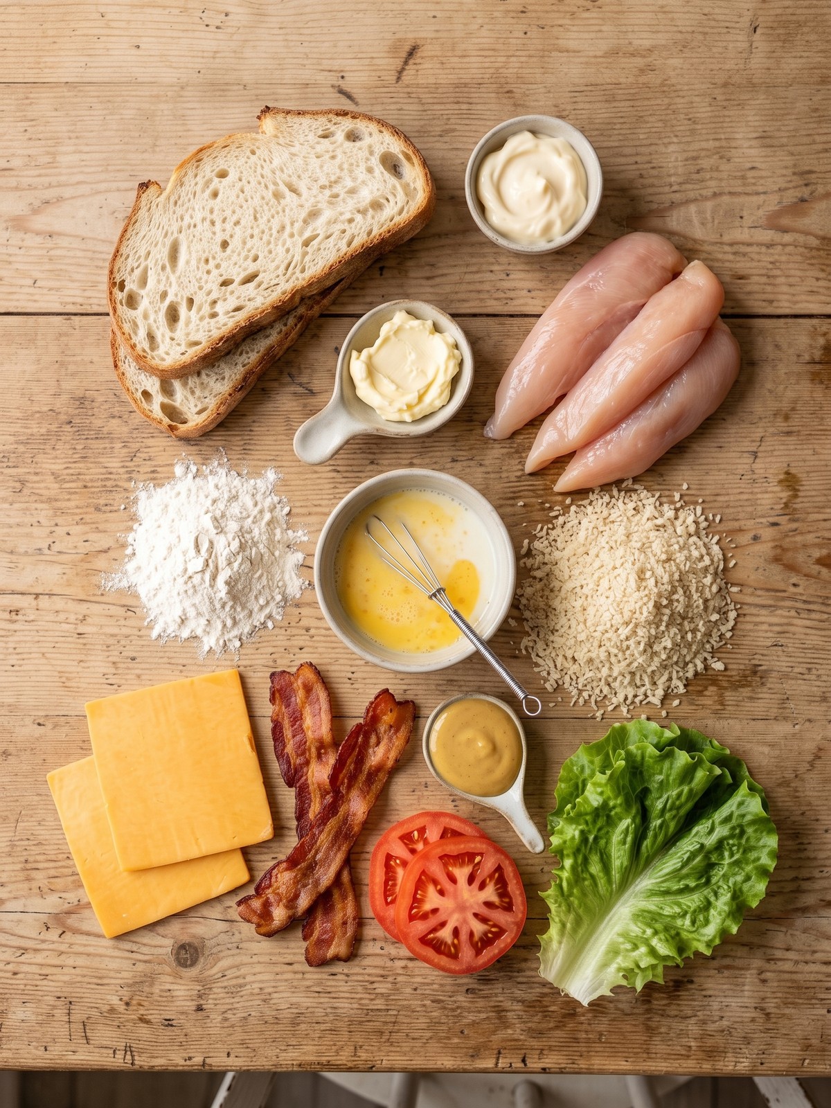 Loaded chicken club sandwich ingredients on a wooden board with sourdough, chicken, bacon, and cheddar.
