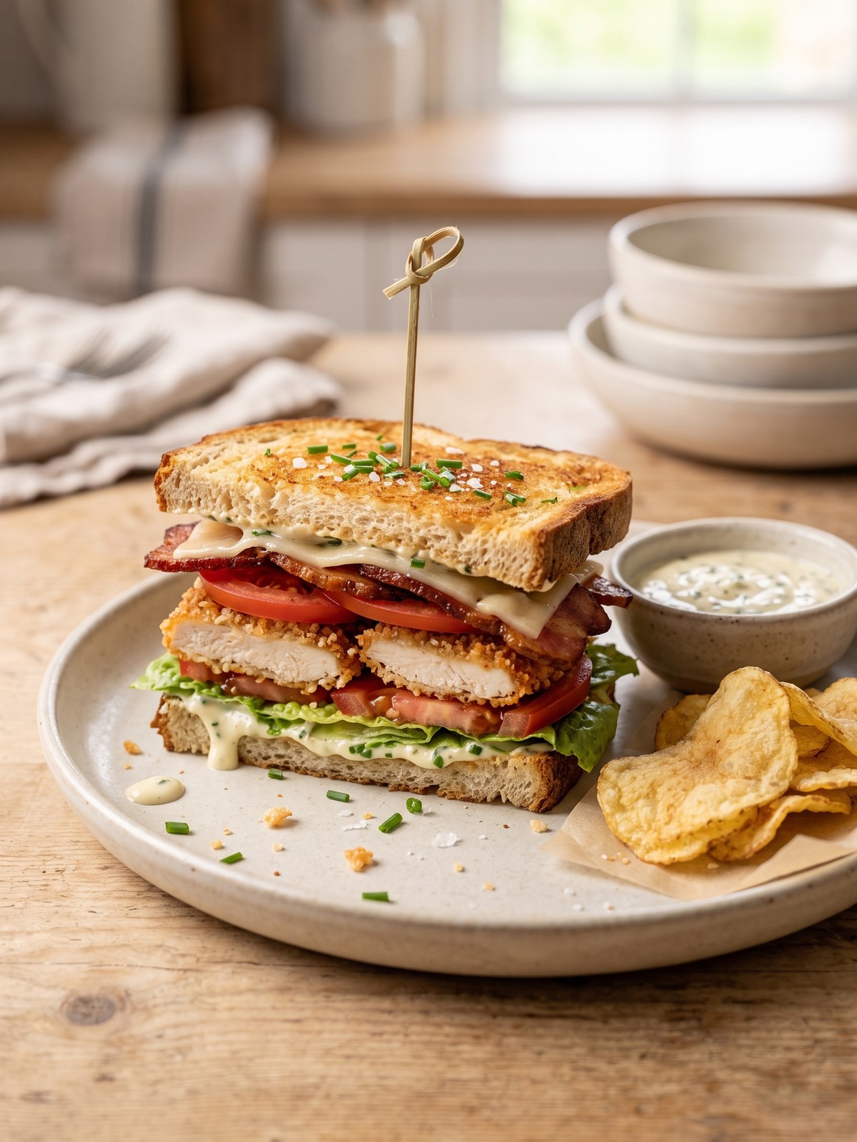 Variation of loaded chicken club sandwich with avocado and chipotle mayo on a plate.