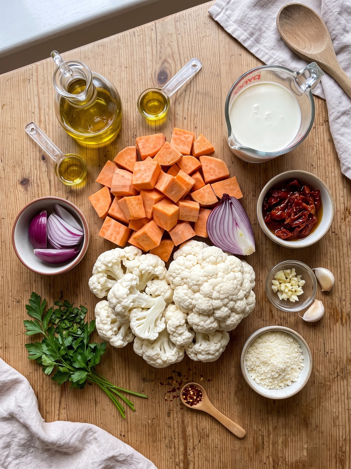 Roasted sweet potatoes, cauliflower, and red onion in a baking dish with creamy sun-dried tomato sauce and parmesan.