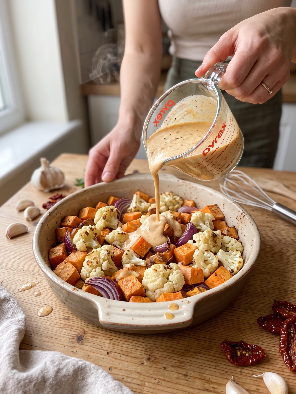 Close-up of creamy vegetable bake with golden parmesan topping and fresh parsley garnish.