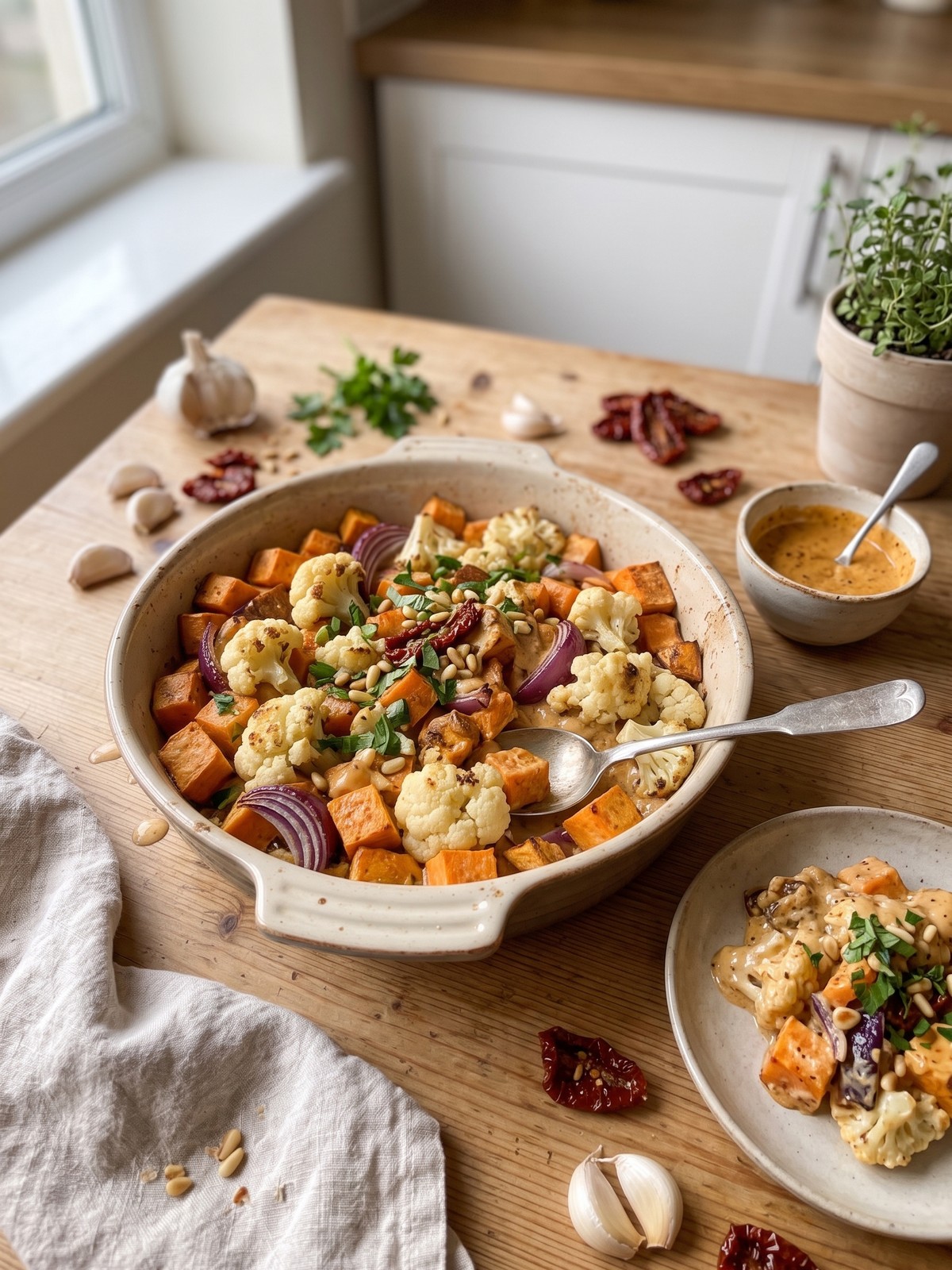 Serving spoon scooping a portion of roasted vegetable bake with creamy sauce and parmesan.