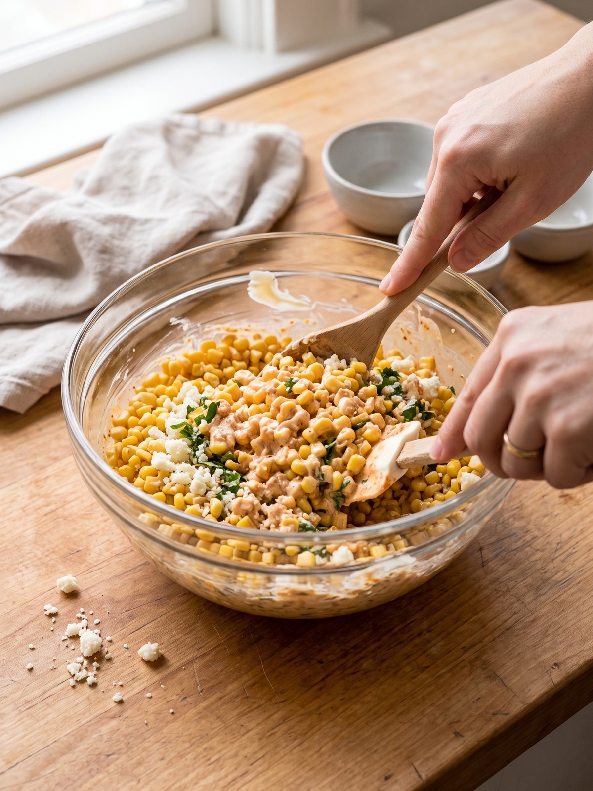 Close-up of charred corn kernels being tossed with creamy dressing and cotija cheese in a mixing bowl.